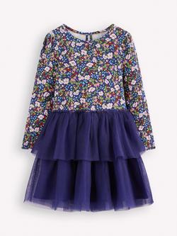 Mini Boden Kids' Cotton and Tulle Long Sleeved Dress, Blue Berry Floral, Blue Berry Floral