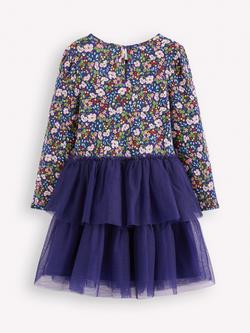 Mini Boden Kids' Cotton and Tulle Long Sleeved Dress, Blue Berry Floral - view 2, Blue Berry Floral