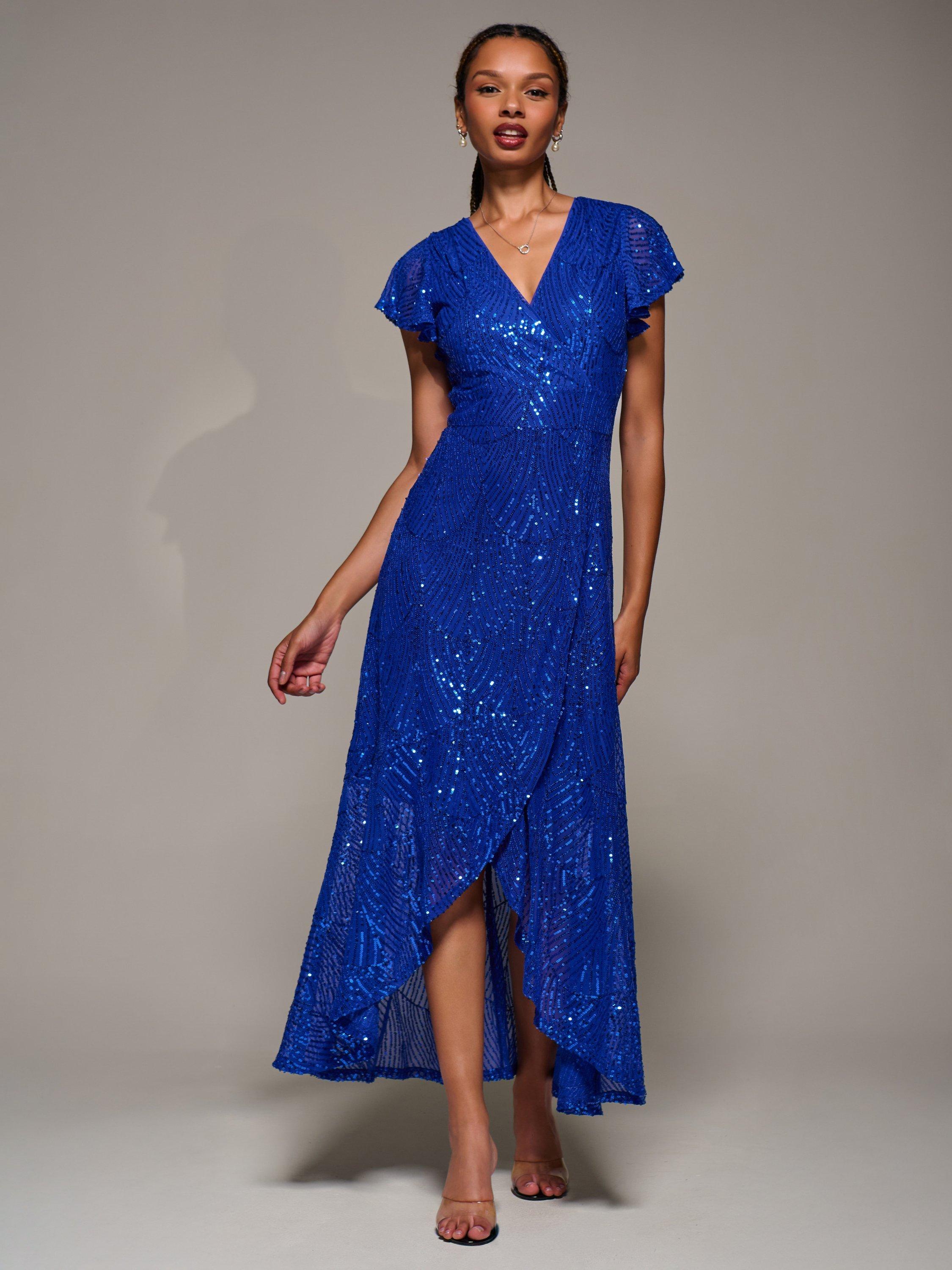 Product image 1 of 6, which shows Jolie Moi Frill Sleeve Sequin Dress, Royal Blue, 8