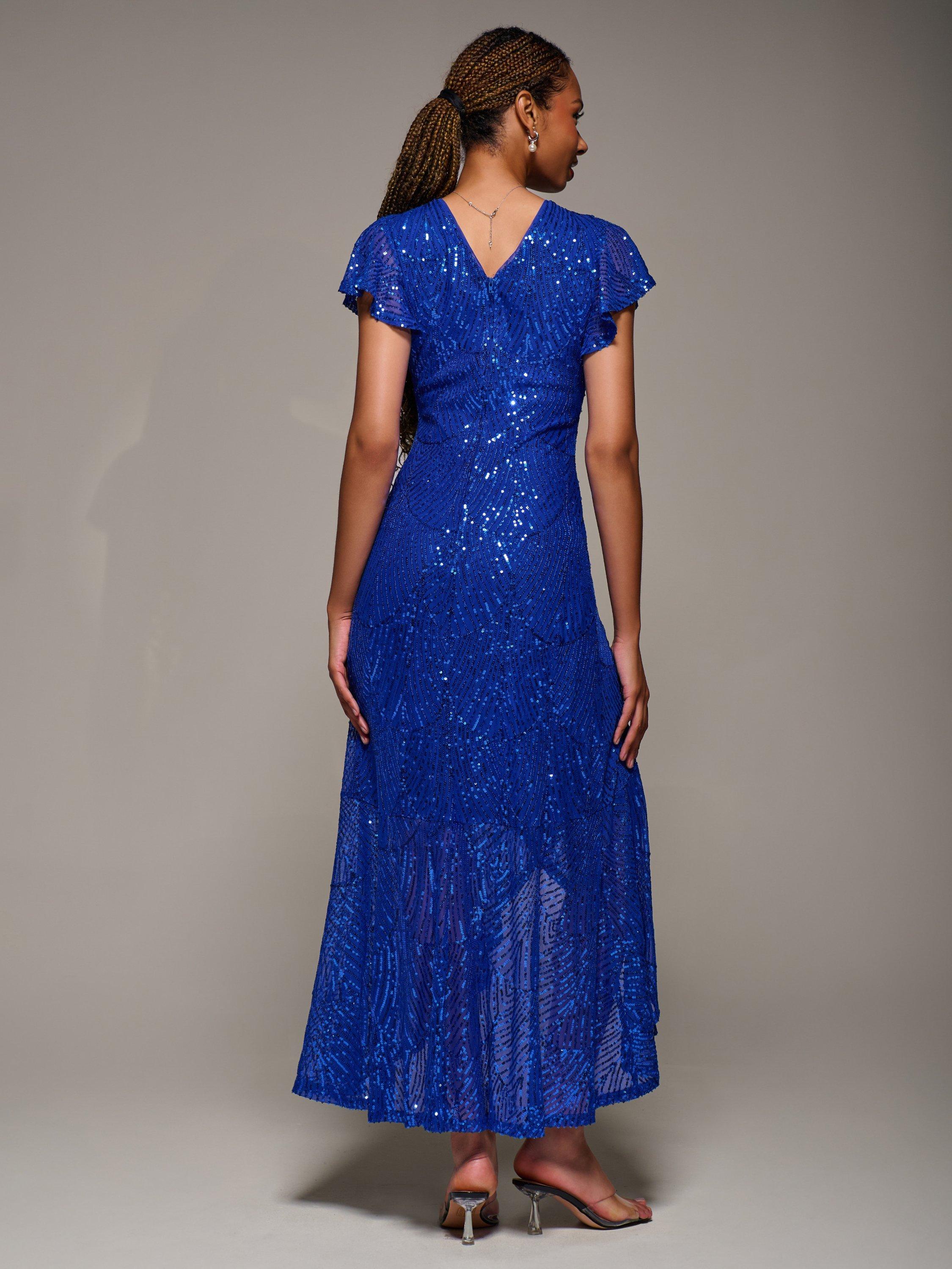 Product image 2 of 6, which shows Jolie Moi Frill Sleeve Sequin Dress, Royal Blue, 8