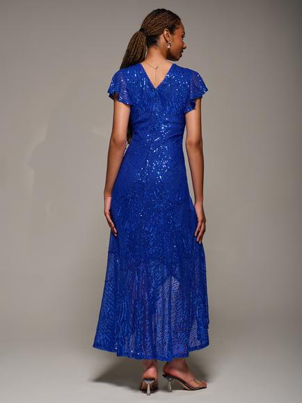 Jolie Moi Frill Sleeve Sequin Dress - view 2, Royal Blue