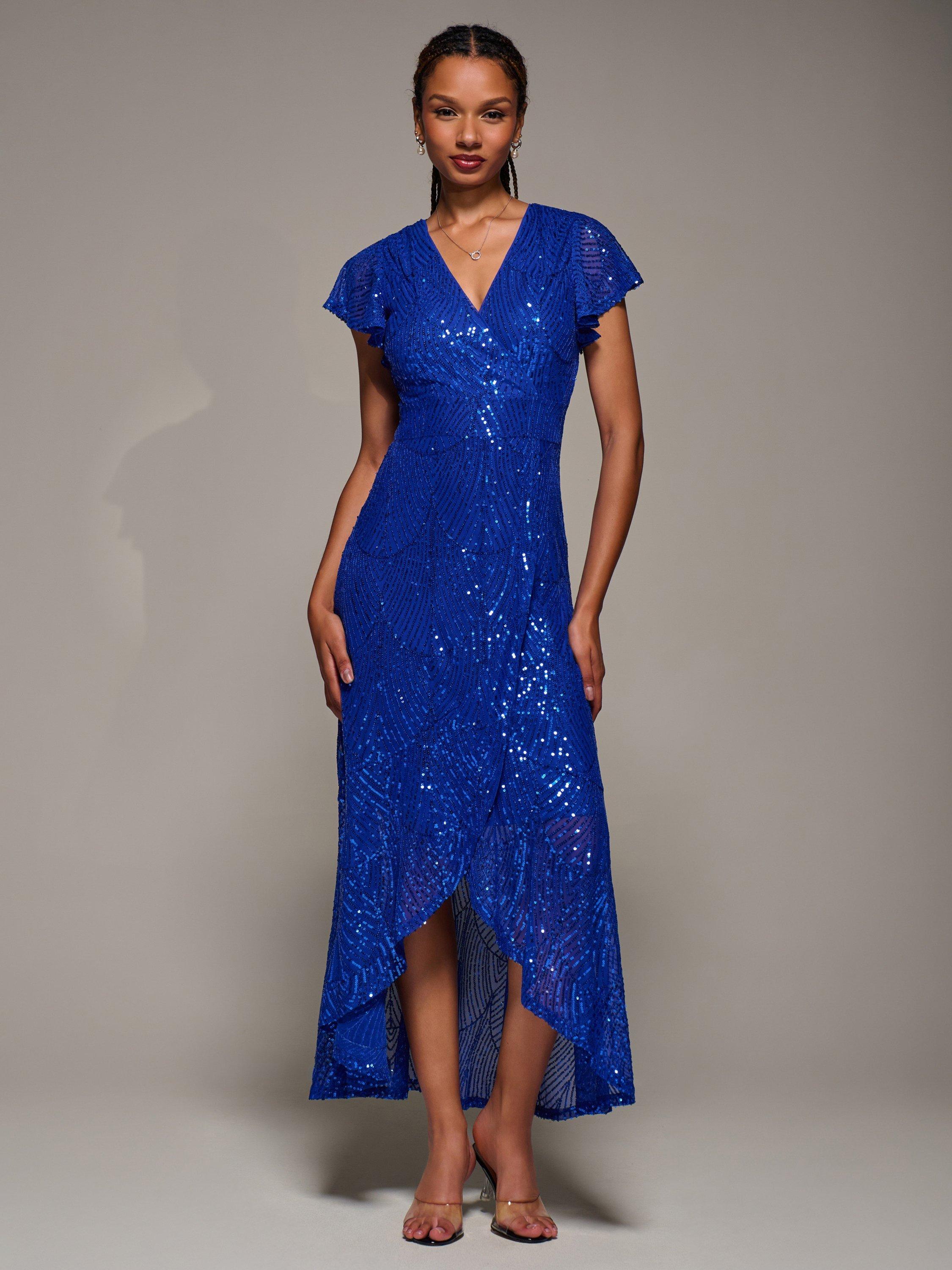 Product image 3 of 6, which shows Jolie Moi Frill Sleeve Sequin Dress, Royal Blue, 8