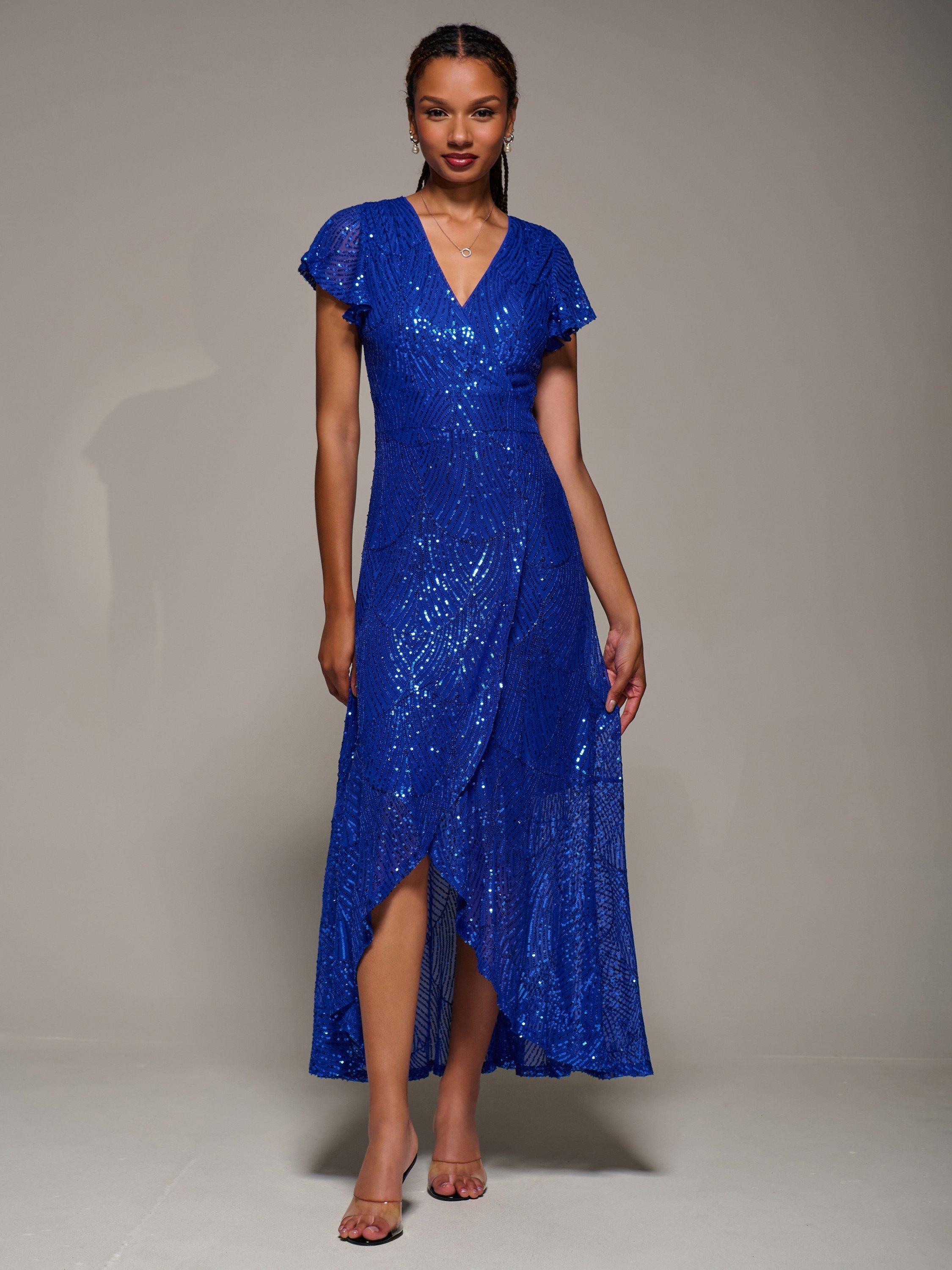 Product image 5 of 6, which shows Jolie Moi Frill Sleeve Sequin Dress, Royal Blue, 8