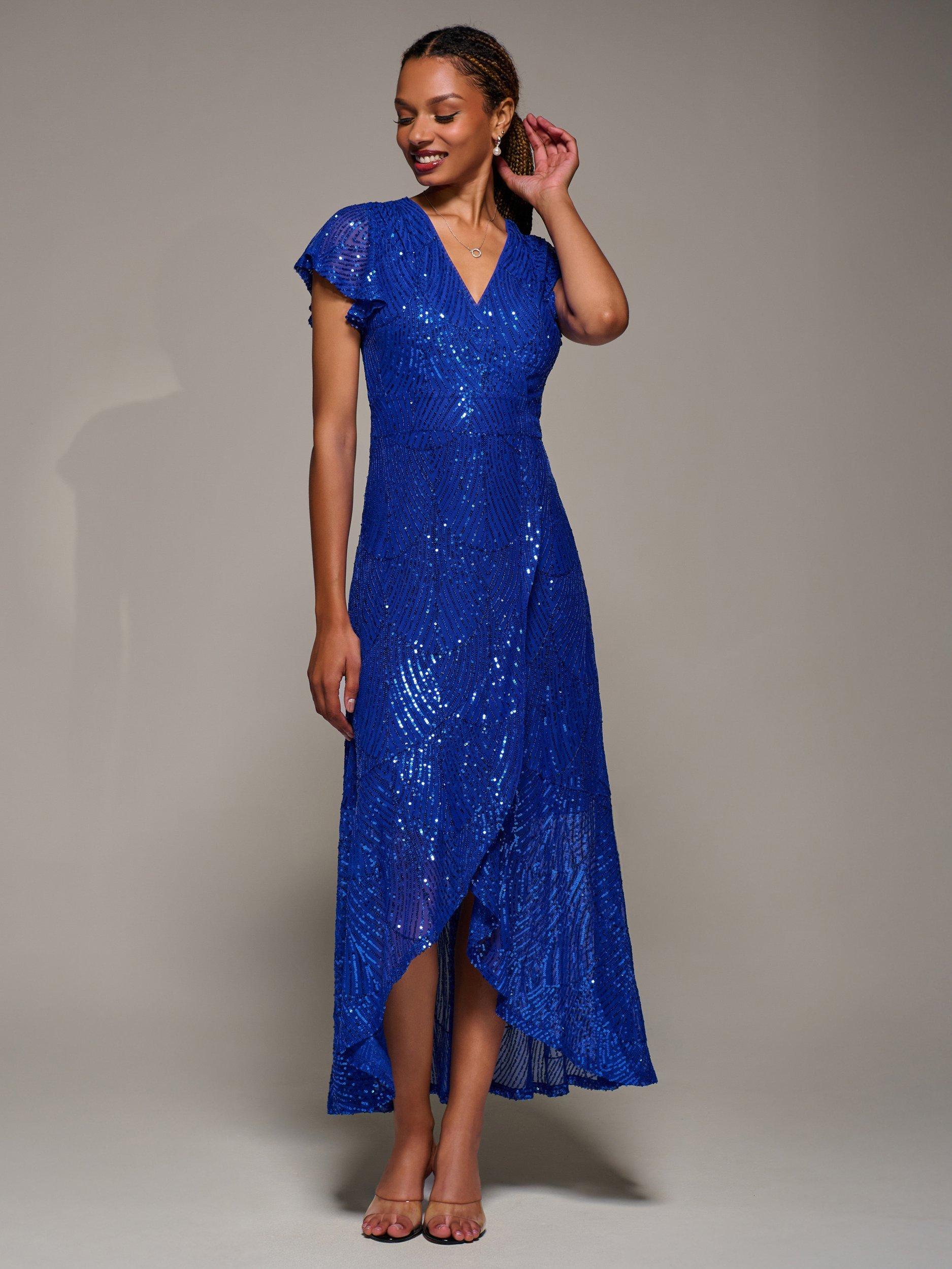 Product image 6 of 6, which shows Jolie Moi Frill Sleeve Sequin Dress, Royal Blue, 8