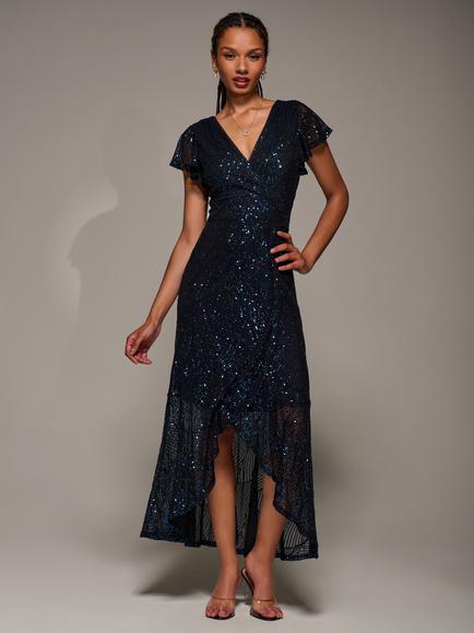 Jolie Moi Frill Sleeve Sequin Dress, Black/Navy
