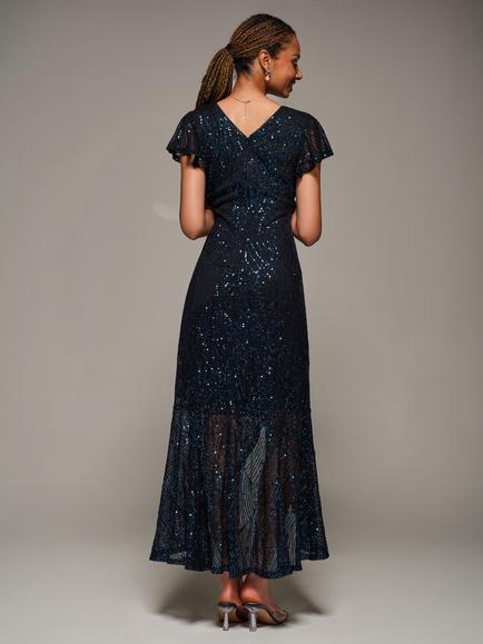 Jolie Moi Frill Sleeve Sequin Dress - view 2, Black/Navy