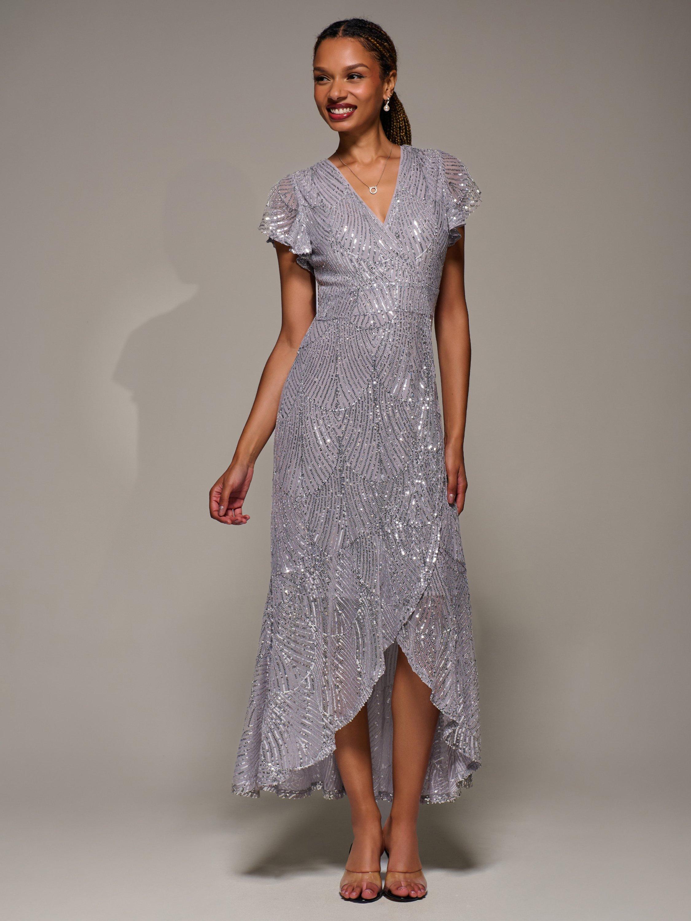 Product image 1 of 6, which shows Jolie Moi Frill Sleeve Sequin Dress, Silver Grey, 8