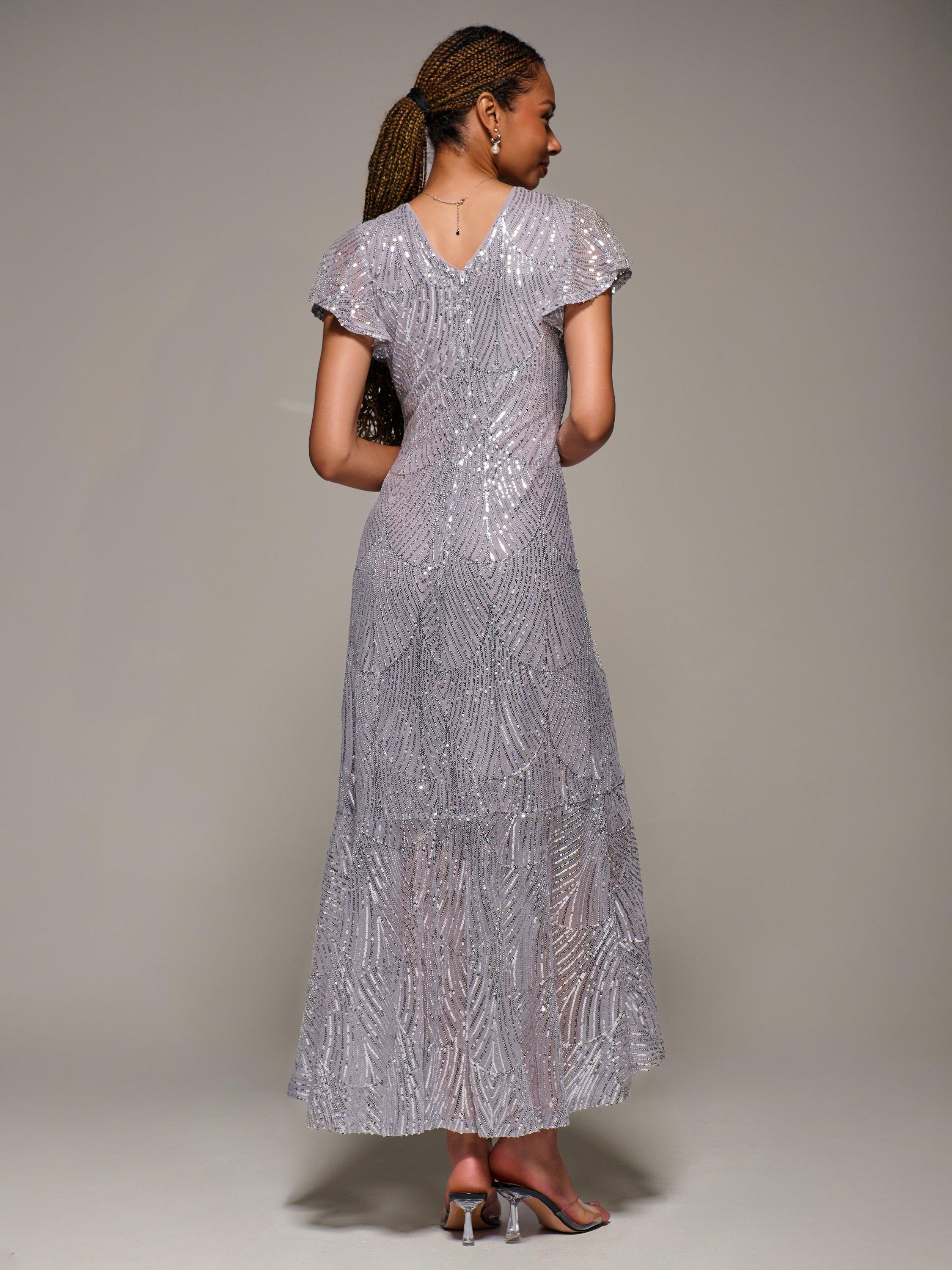 Product image 2 of 6, which shows Jolie Moi Frill Sleeve Sequin Dress, Silver Grey, 8