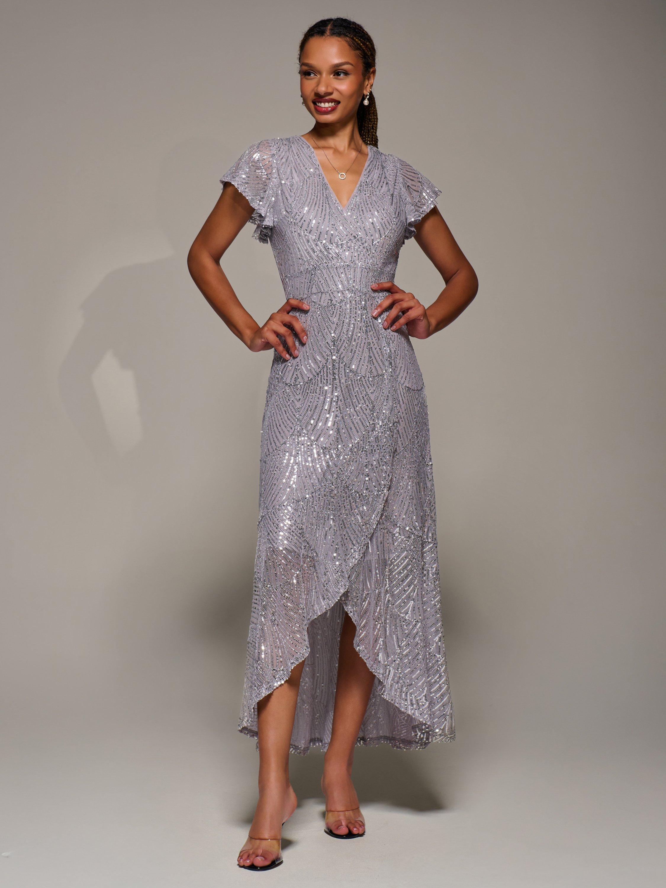 Product image 3 of 6, which shows Jolie Moi Frill Sleeve Sequin Dress, Silver Grey, 8