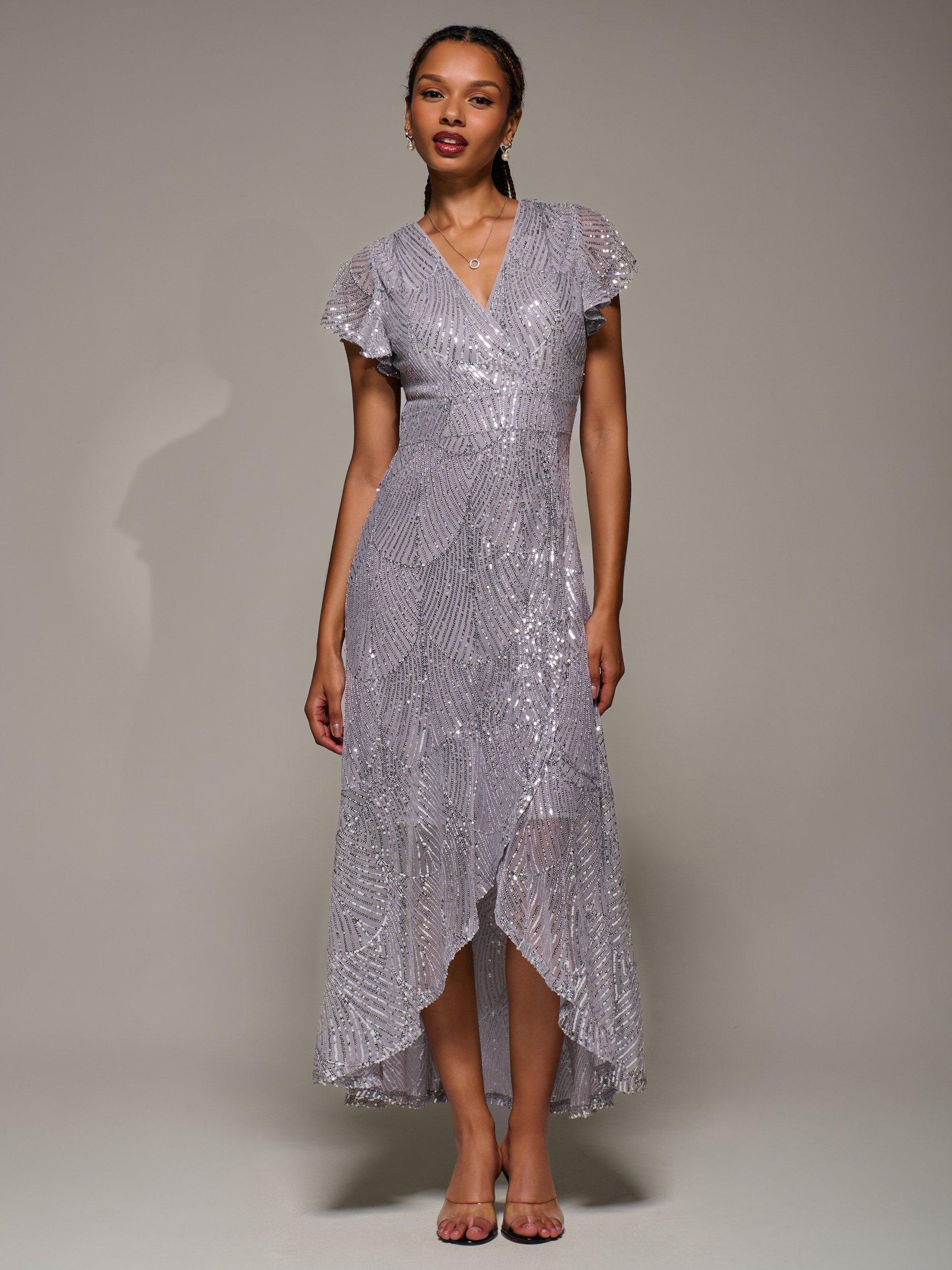 Product image 5 of 6, which shows Jolie Moi Frill Sleeve Sequin Dress, Silver Grey, 8