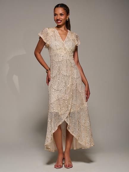 Jolie Moi Frill Sleeve Sequin Dress, Gold