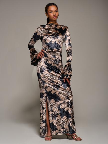 Jolie Moi Velvet Maxi Ruffle Dress, Black