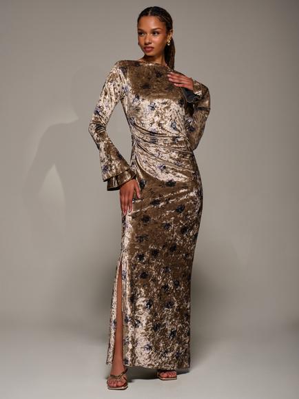 Jolie Moi Velvet Maxi Ruffle Dress, Gold