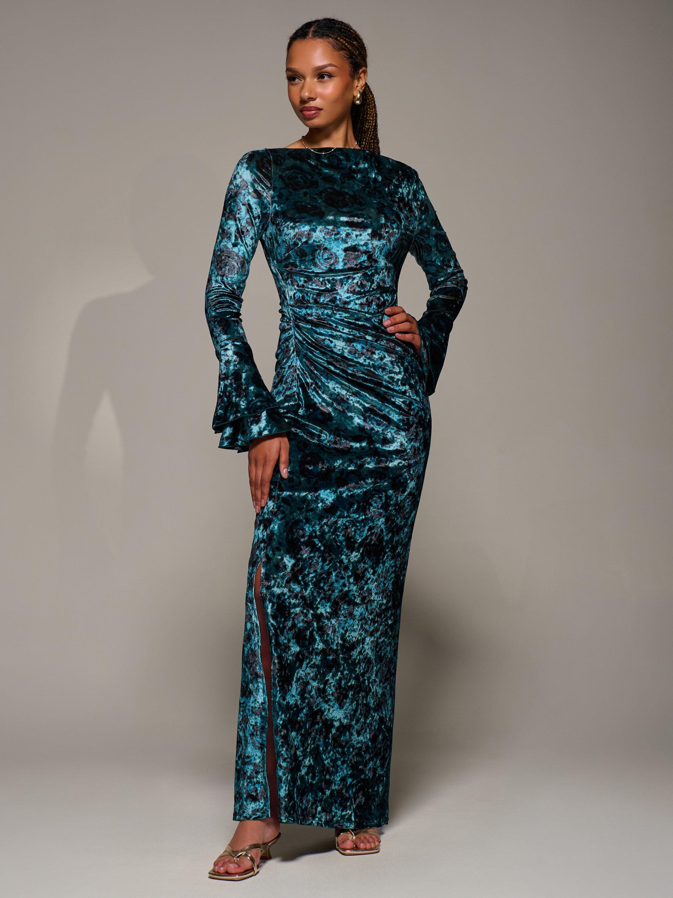 Product image 1 of 6, which shows Jolie Moi Velvet Ruffle Maxi Dress, Green, 8