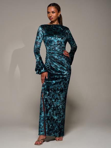 Jolie Moi Velvet Ruffle Maxi Dress, Green, Green