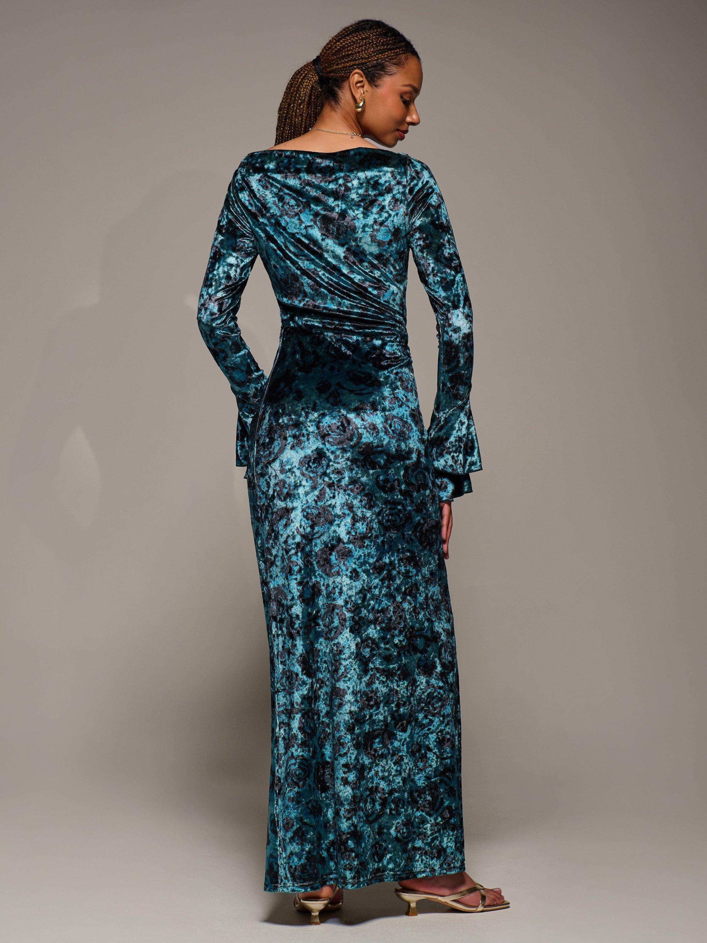 Product image 2 of 6, which shows Jolie Moi Velvet Ruffle Maxi Dress, Green, 8