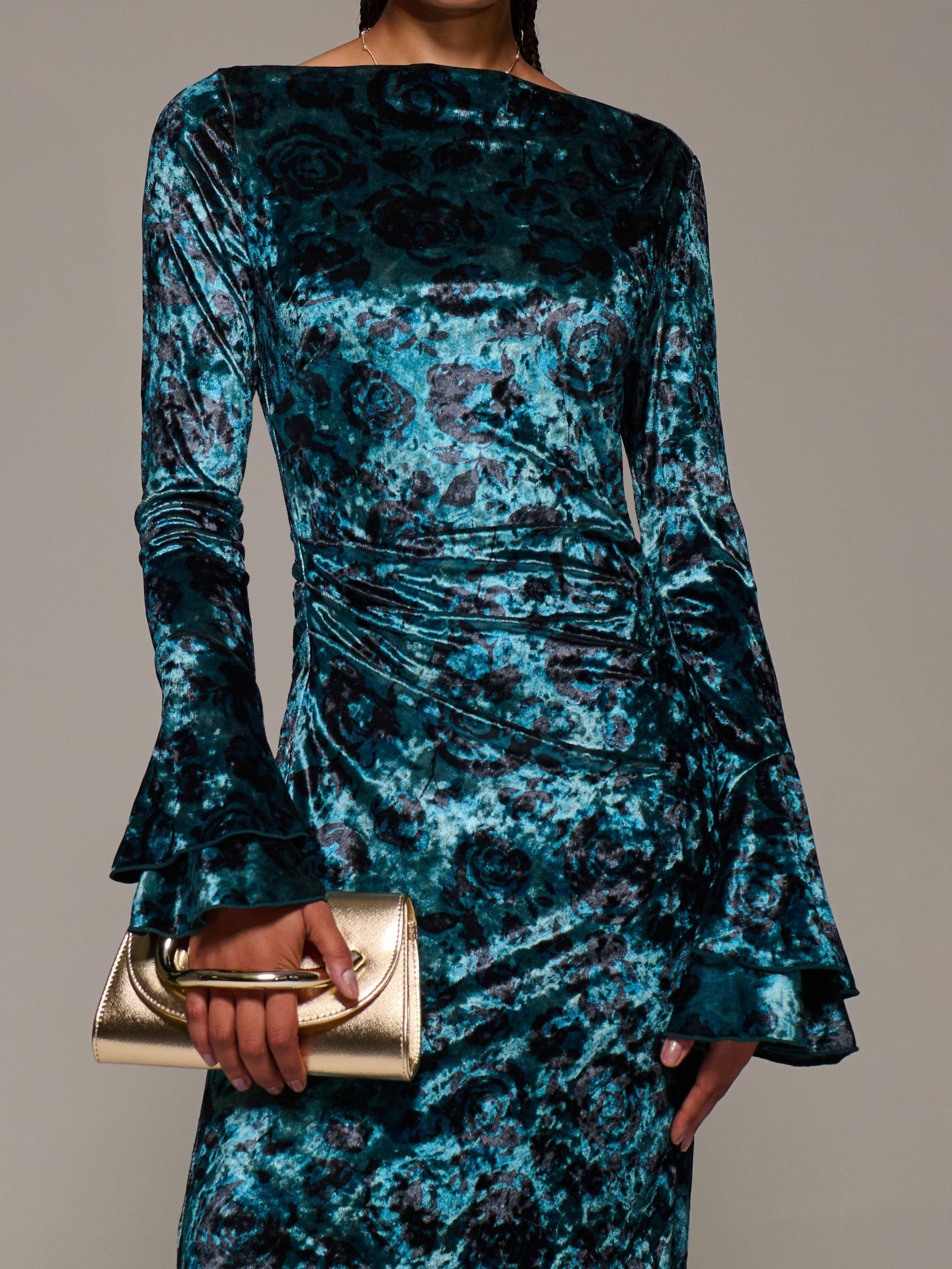 Product image 4 of 6, which shows Jolie Moi Velvet Ruffle Maxi Dress, Green, 8