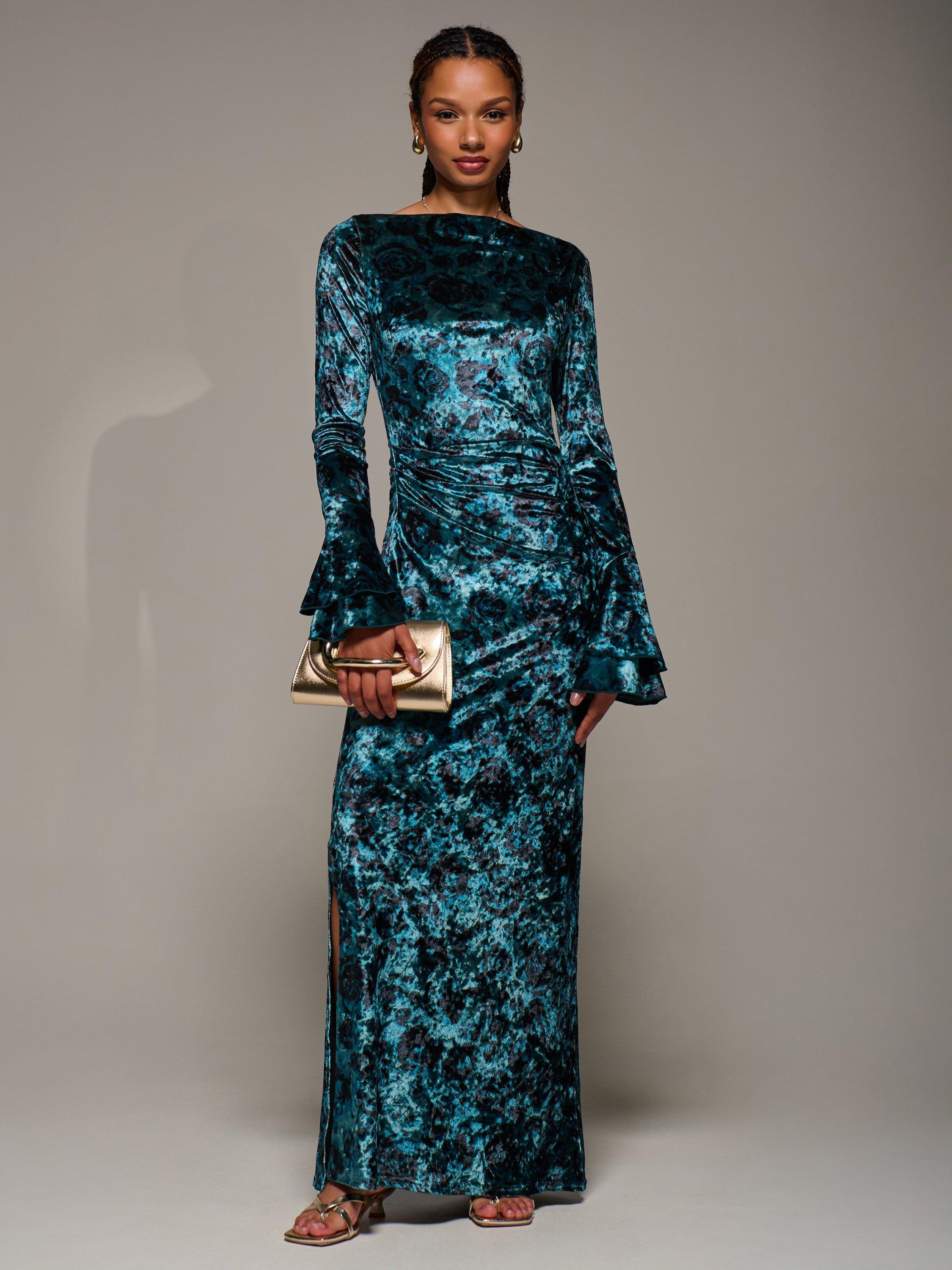 Product image 5 of 6, which shows Jolie Moi Velvet Ruffle Maxi Dress, Green, 8