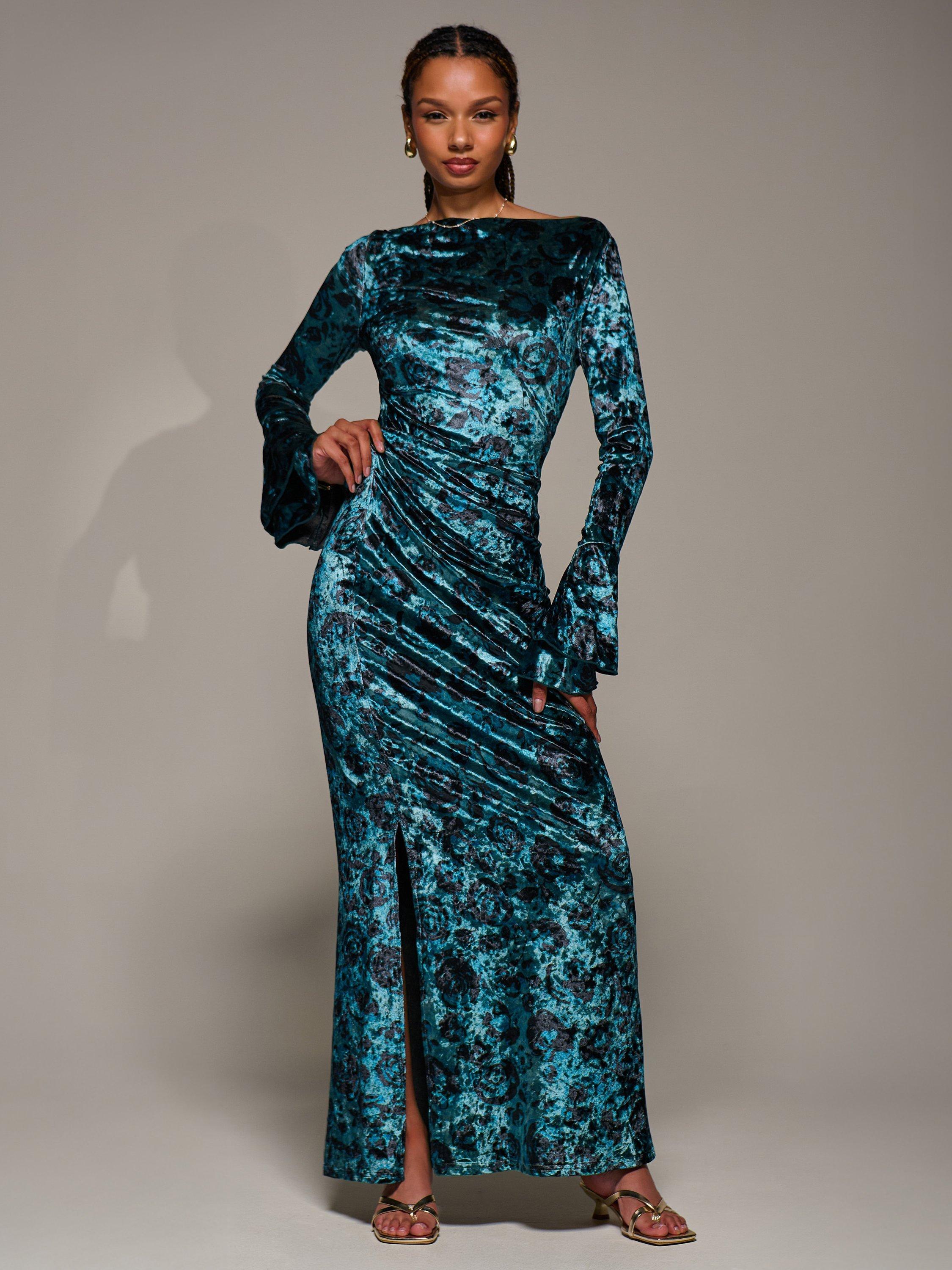 Product image 6 of 6, which shows Jolie Moi Velvet Ruffle Maxi Dress, Green, 8