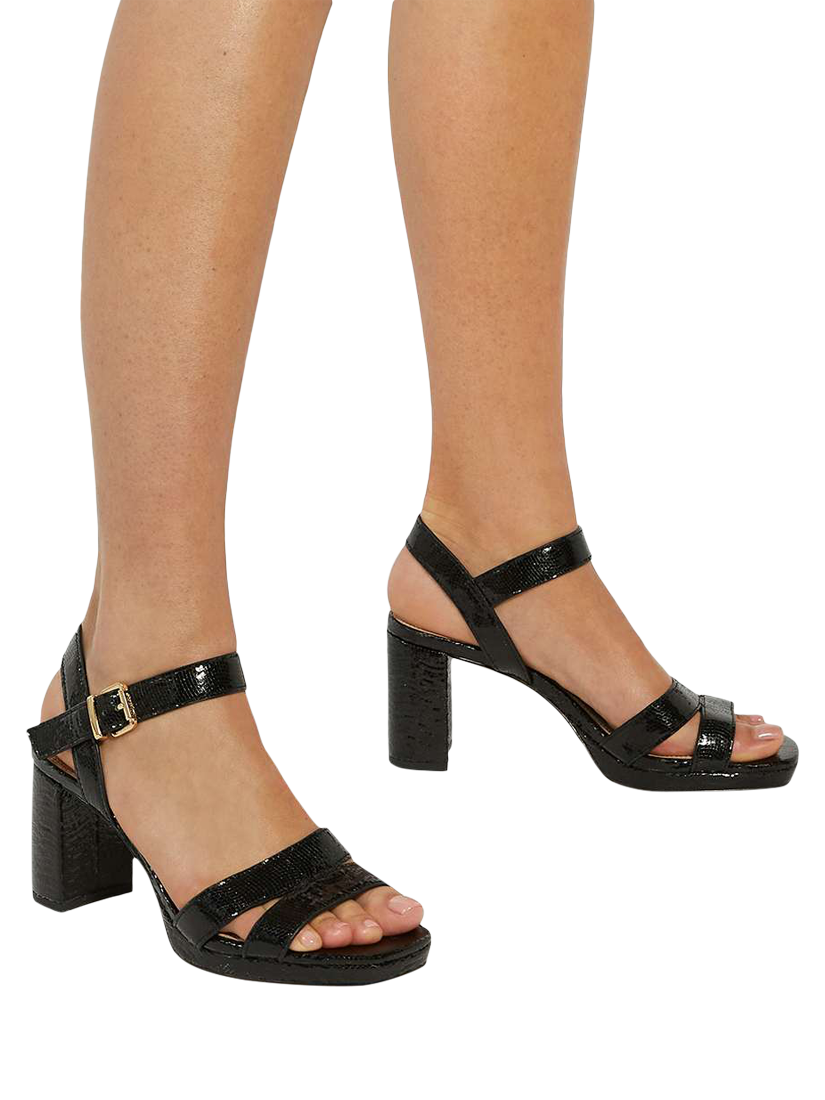 Product image 2 of 6, which shows Dune London Manifesting Synth Round Toe Heeled Sandals, Black, EU36