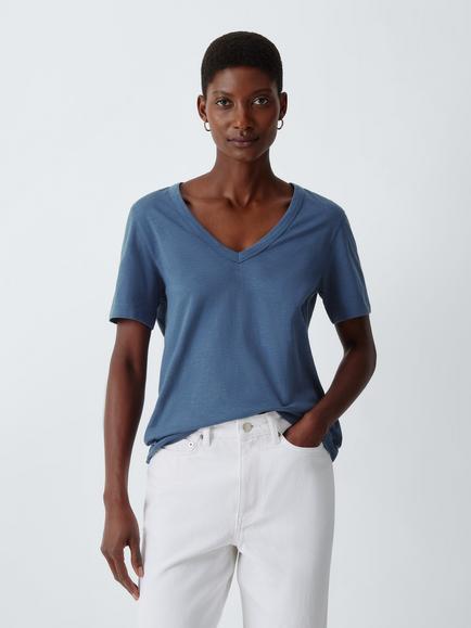 John Lewis Slub Cotton V-Neck T-Shirt, Indigo