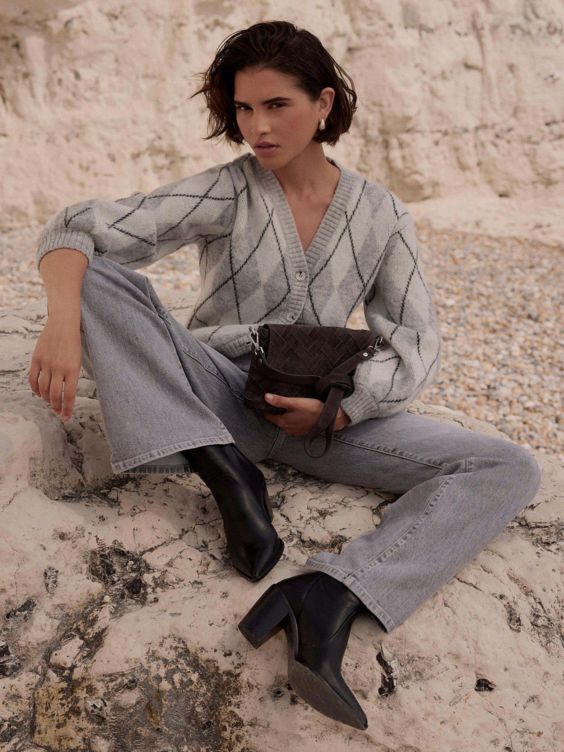 Product image 1 of 7, which shows Mint Velvet V-Neck Argyle Cardigan, Grey/Multi, XL