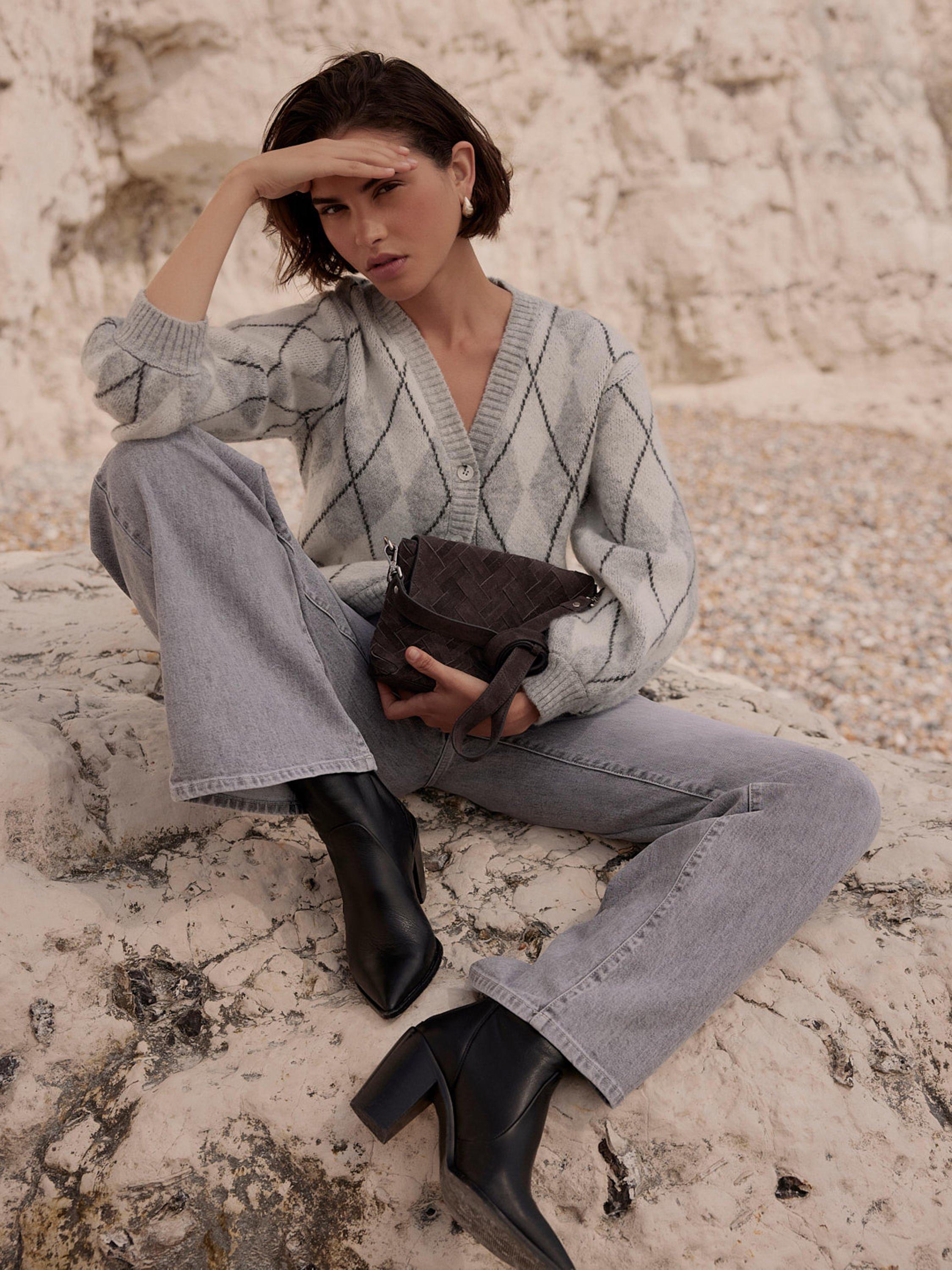 Product image 3 of 7, which shows Mint Velvet V-Neck Argyle Cardigan, Grey/Multi, XL