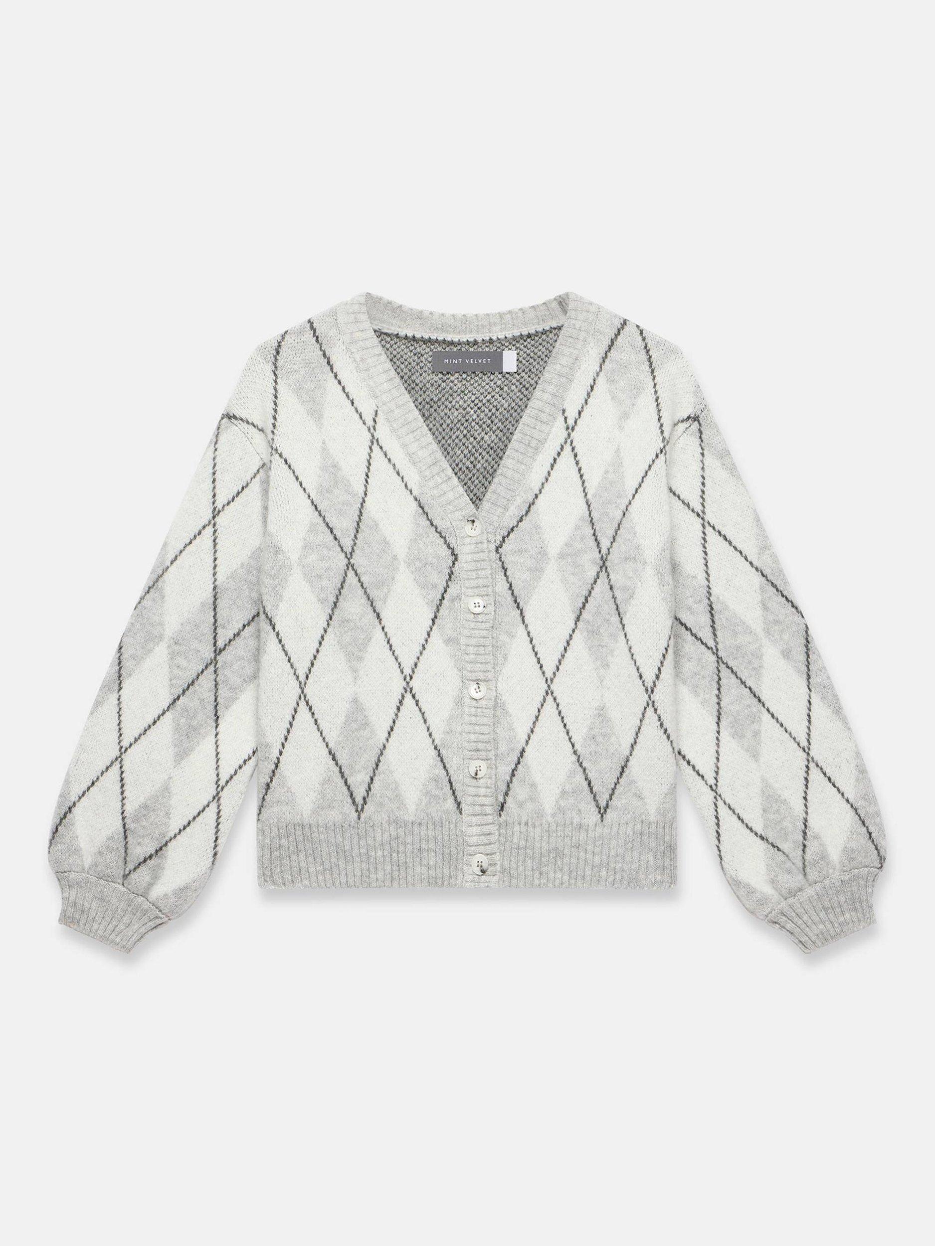 Product image 6 of 7, which shows Mint Velvet V-Neck Argyle Cardigan, Grey/Multi, XL
