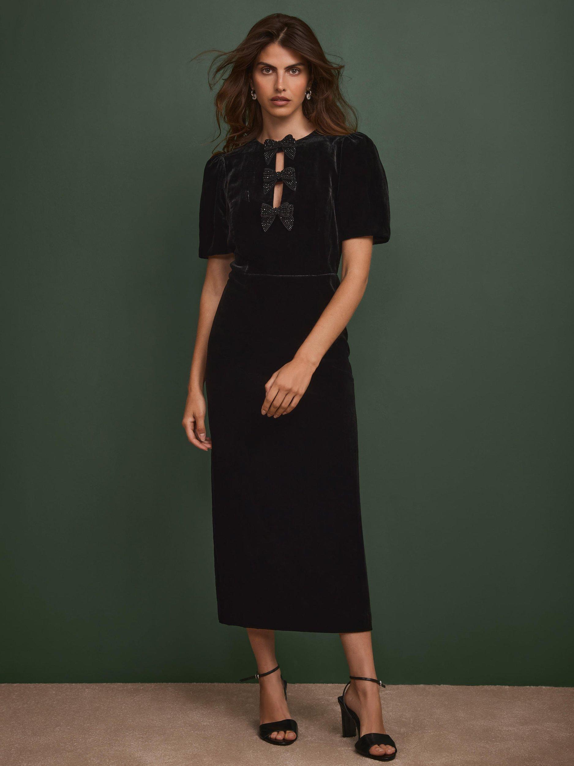 Mint Velvet Velvet Bow Midi Dress, Black