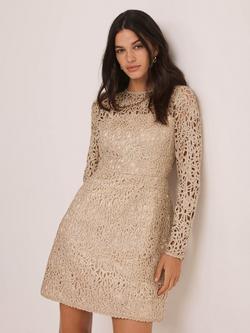 Mint Velvet Metallic Lace Long Sleeve Mini Dress, Gold