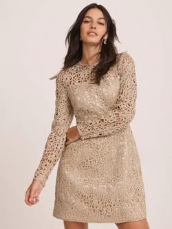 Mint Velvet Metallic Lace Long Sleeve Mini Dress - view 2, Gold