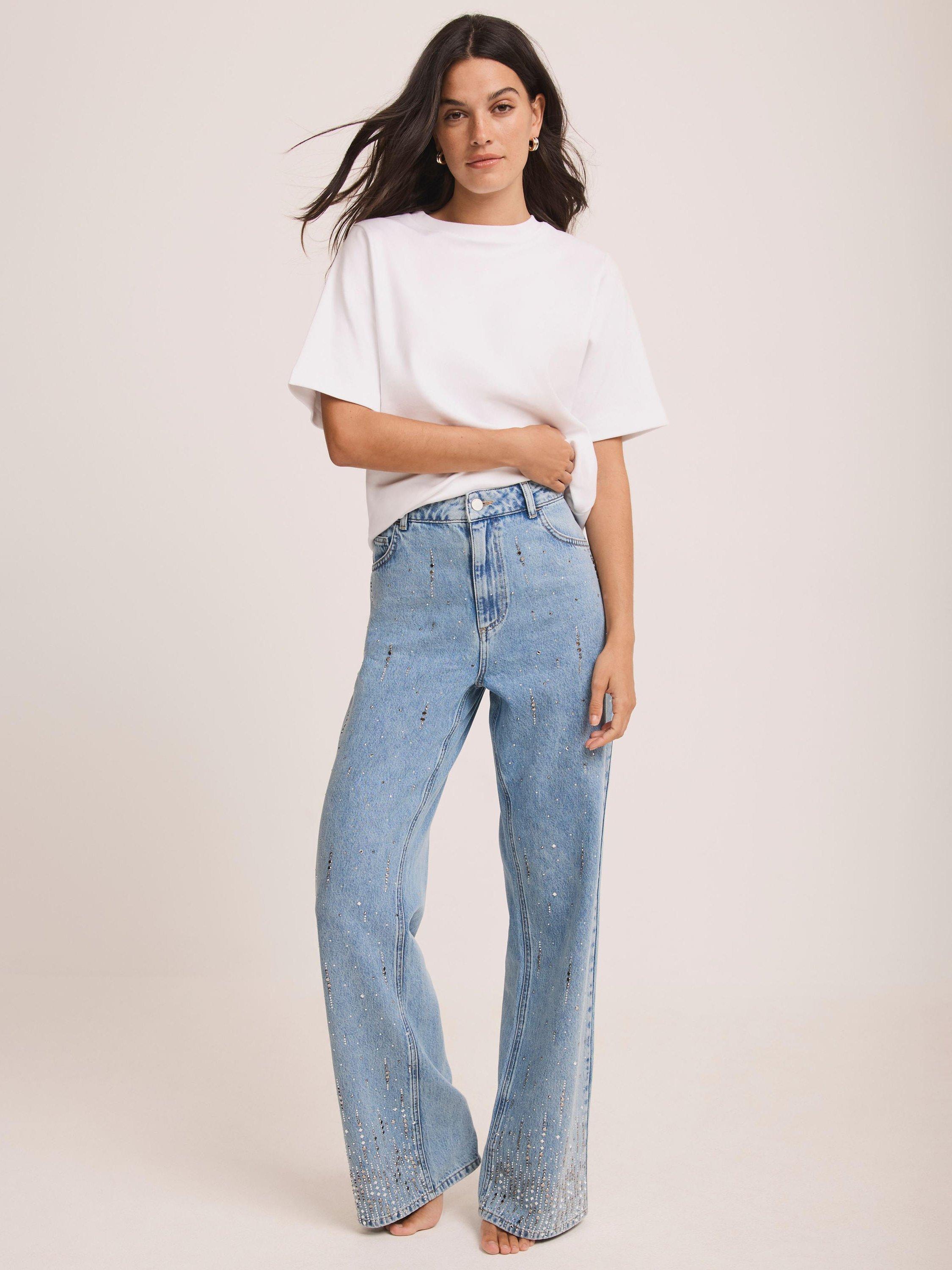 Product image 1 of 8, which shows Mint Velvet Embellished Wide Leg Jeans, Blue/Multi, 8R