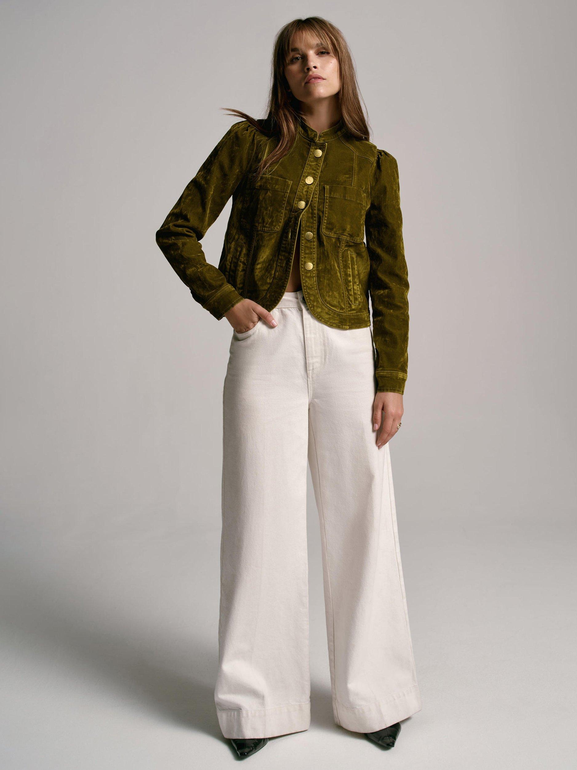 Product image 1 of 8, which shows Mint Velvet Puff Shoulder Cotton Blend Blazer Jacket, Khaki, XS
