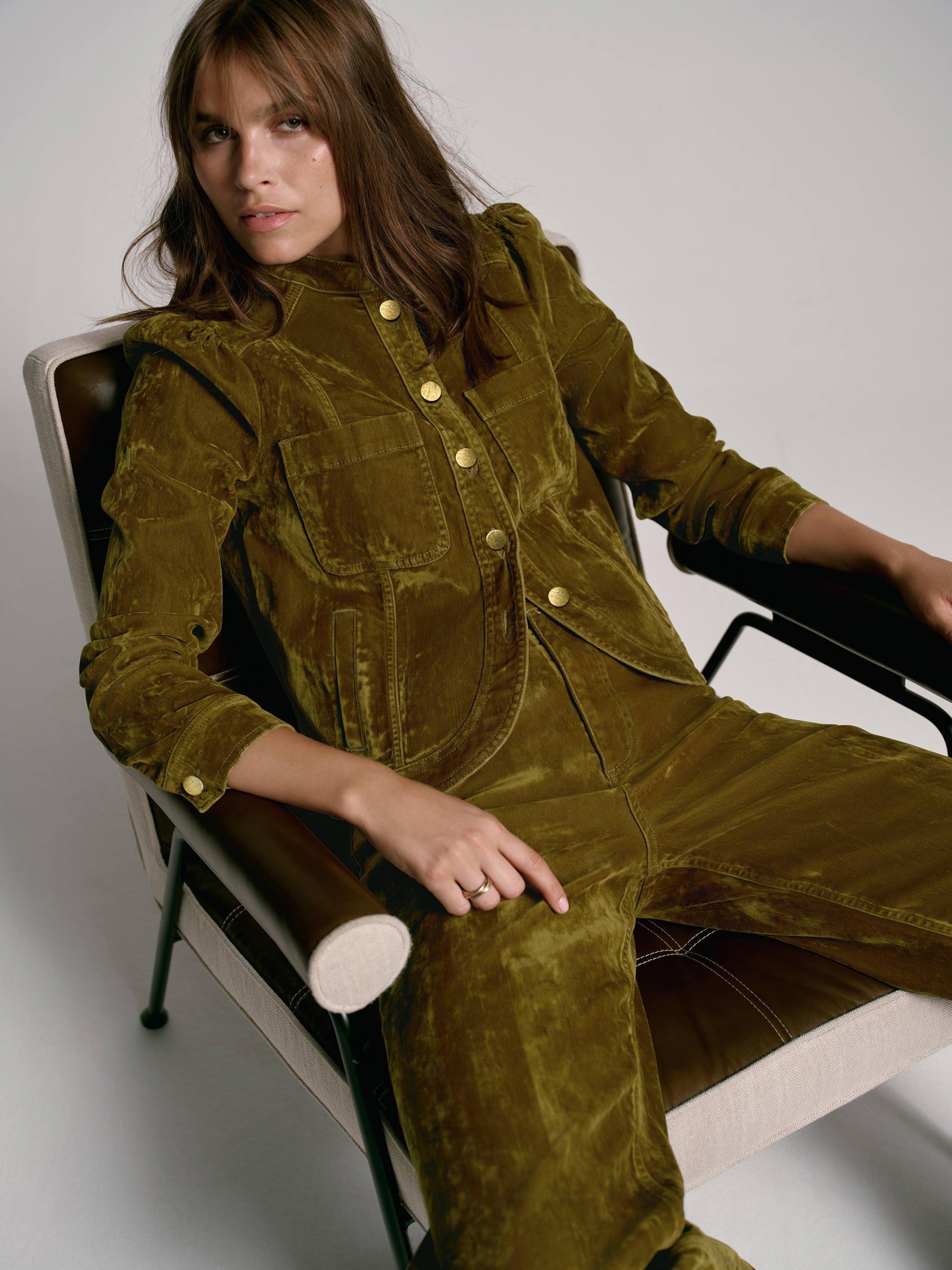 Product image 4 of 8, which shows Mint Velvet Puff Shoulder Cotton Blend Blazer Jacket, Khaki, XS