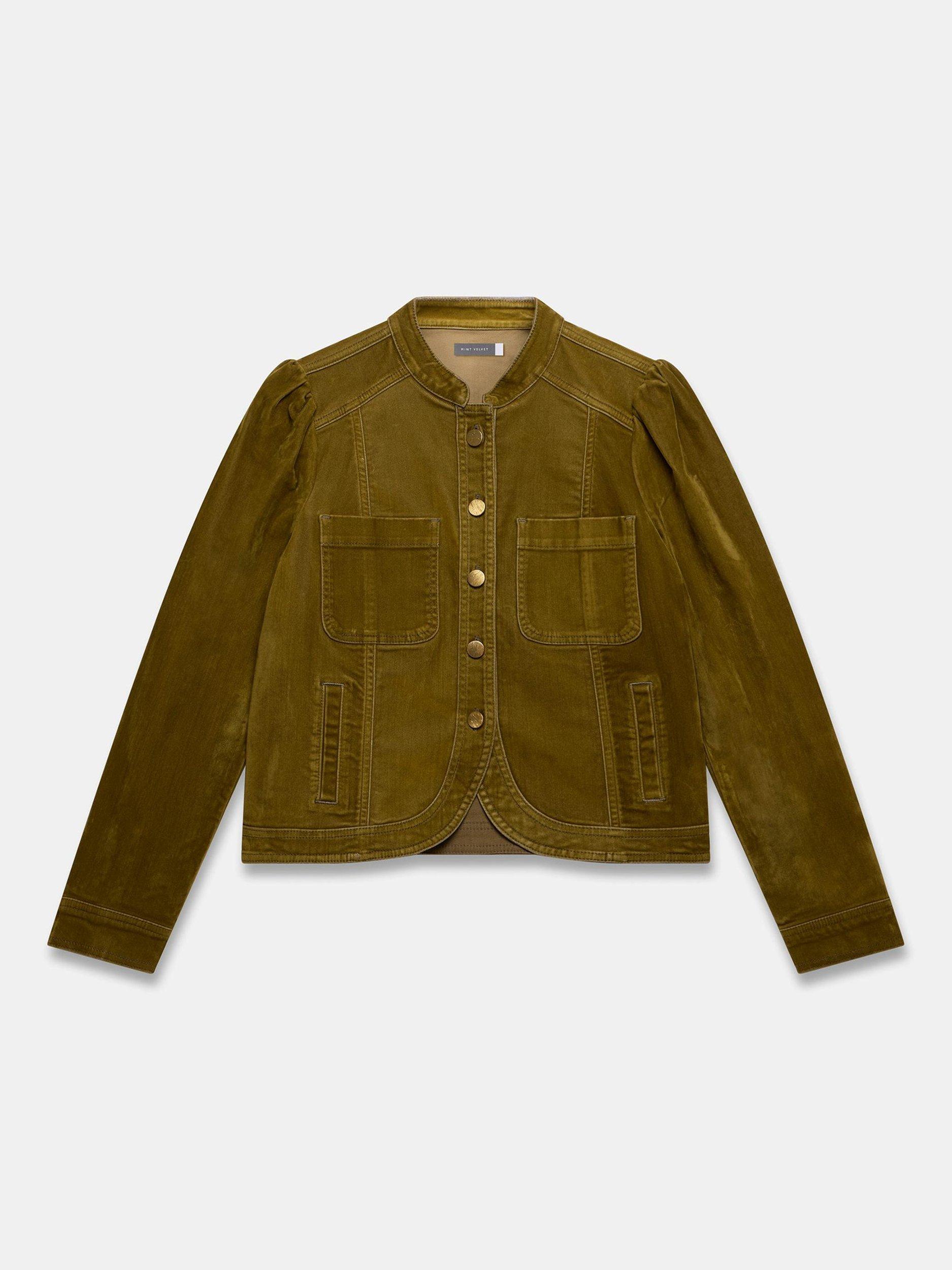 Product image 7 of 8, which shows Mint Velvet Puff Shoulder Cotton Blend Blazer Jacket, Khaki, XS