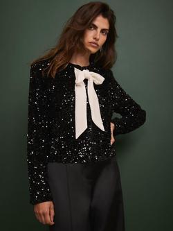 Mint Velvet Bow Detail Sequin Jacket, Black