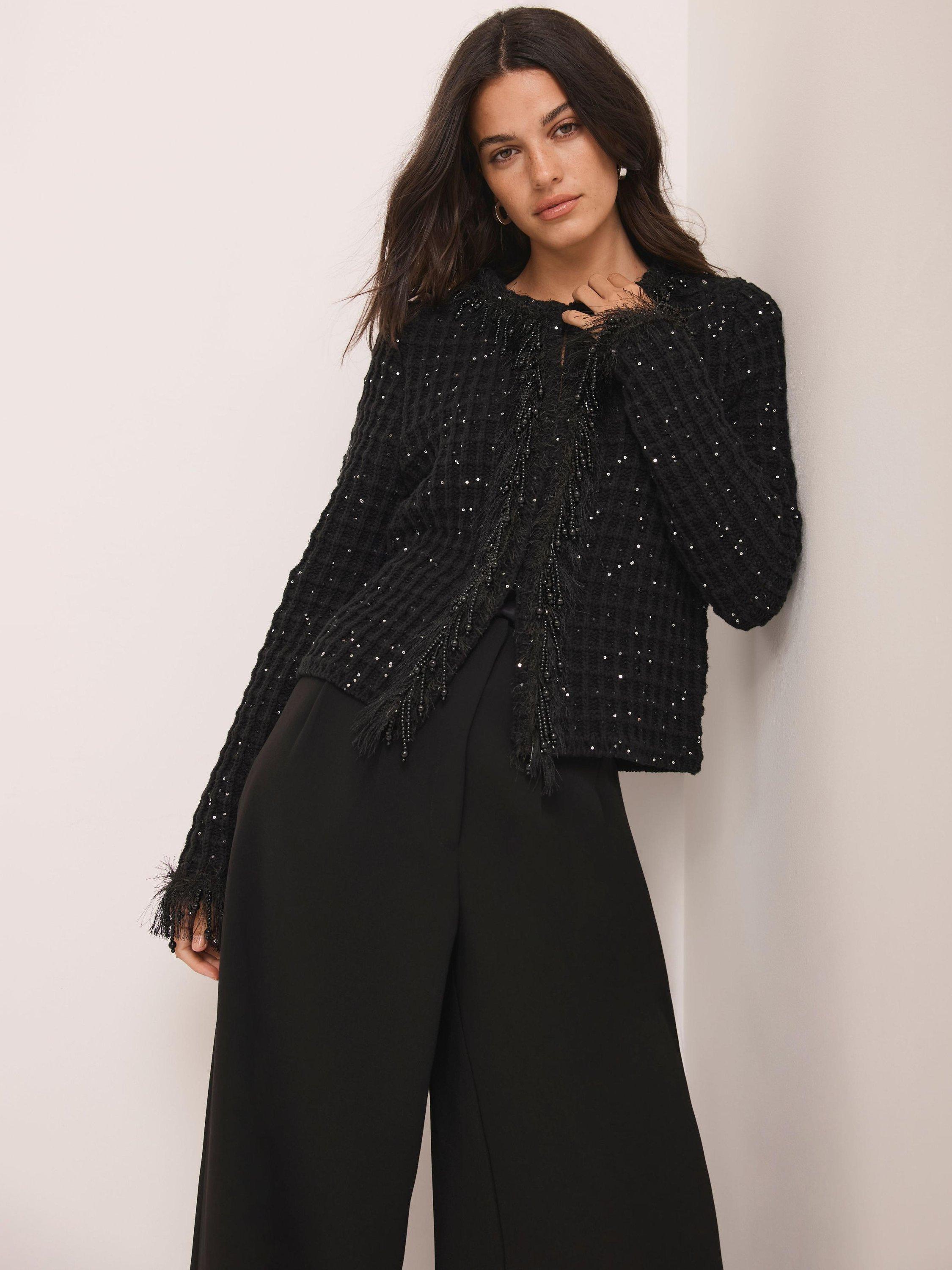 Product image 2 of 7, which shows Mint Velvet Cotton Blend Embellished Cropped Blazer, Black, S