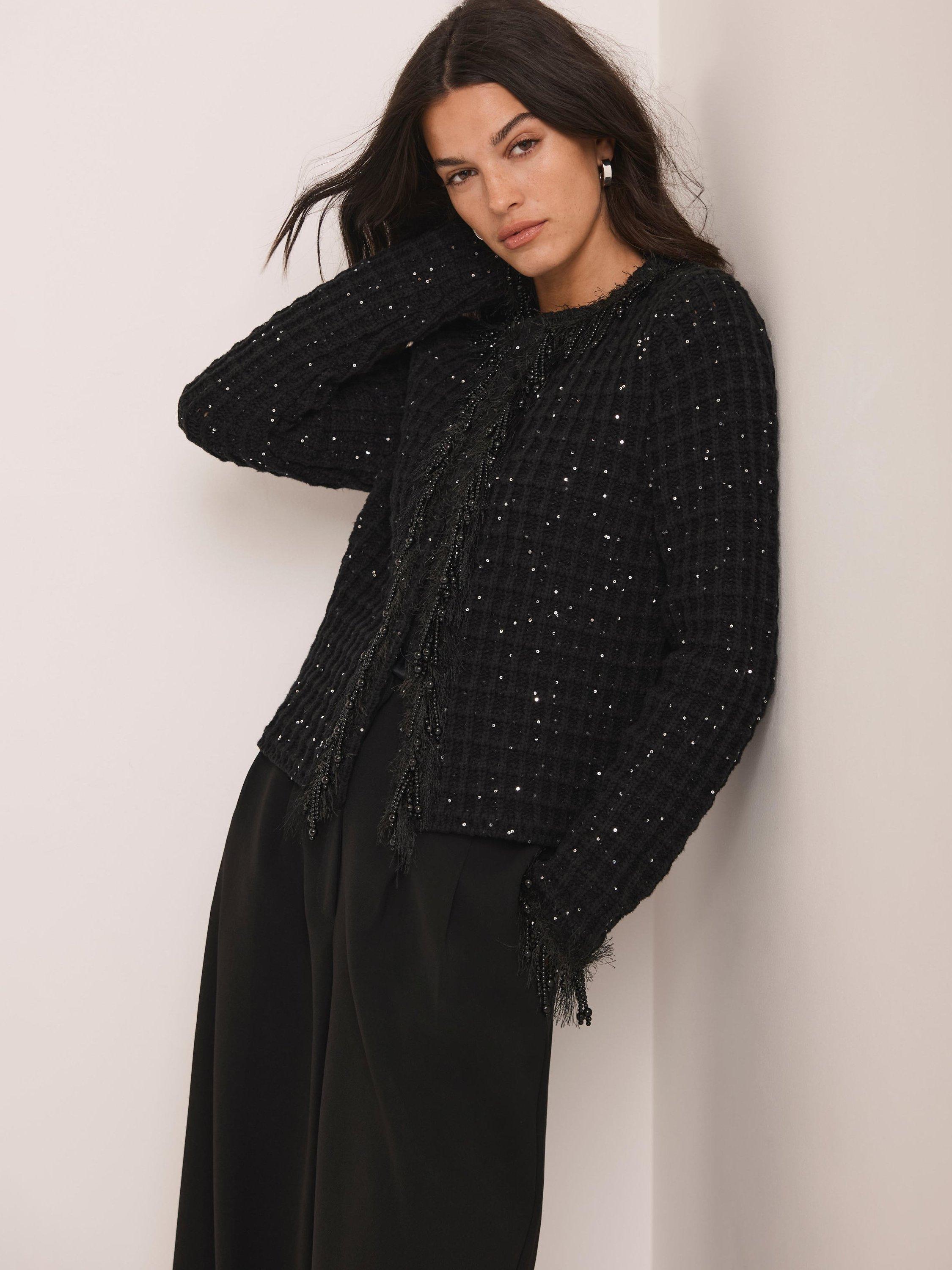 Product image 5 of 7, which shows Mint Velvet Cotton Blend Embellished Cropped Blazer, Black, S