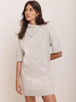 Mint Velvet Zip Neck Short Sleeve Knitted Wool Mini Dress, Grey