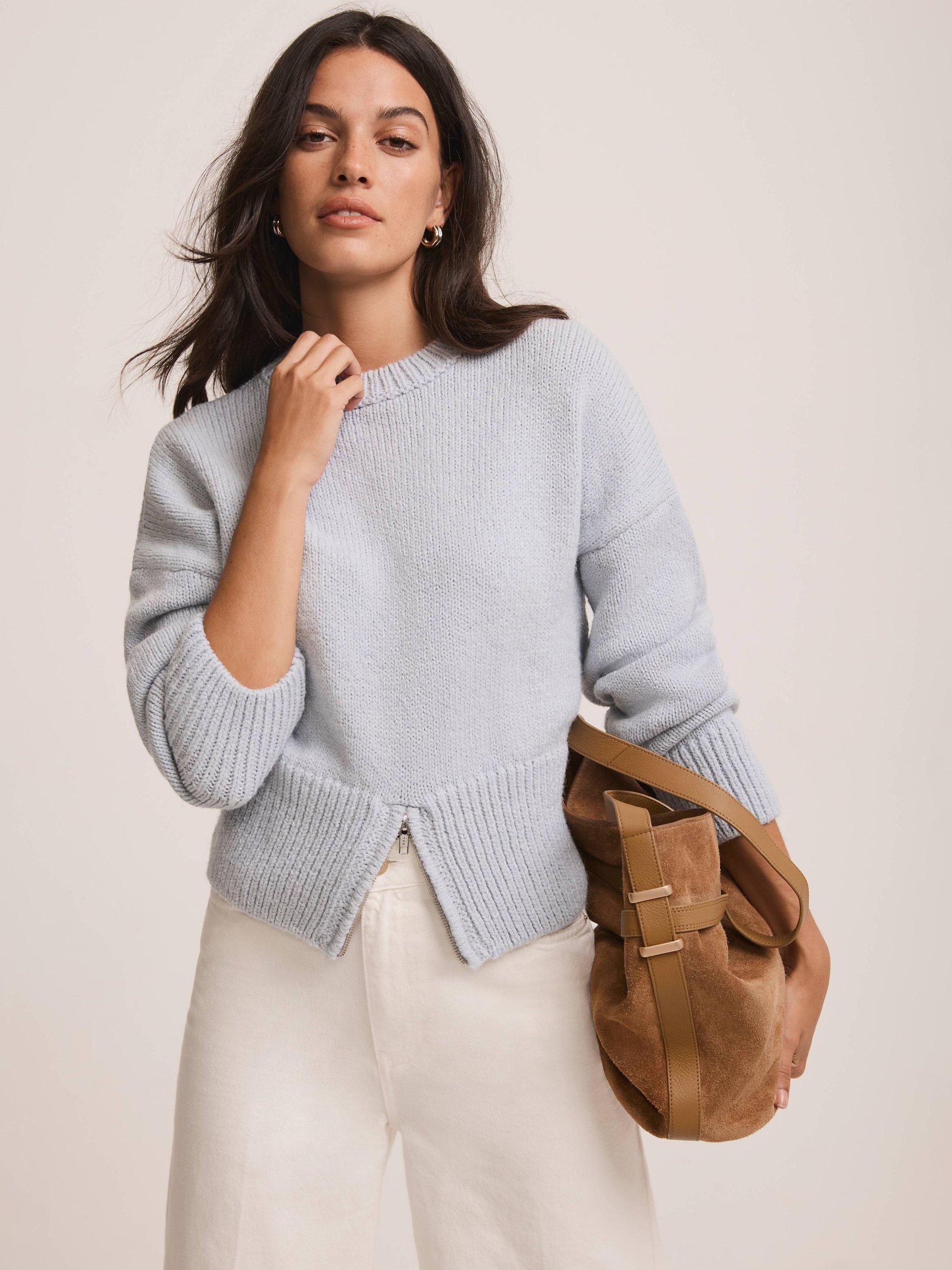 Product image 1 of 7, which shows Mint Velvet Knitted Wool Blend Zip Hem Jumper, Blue, XL