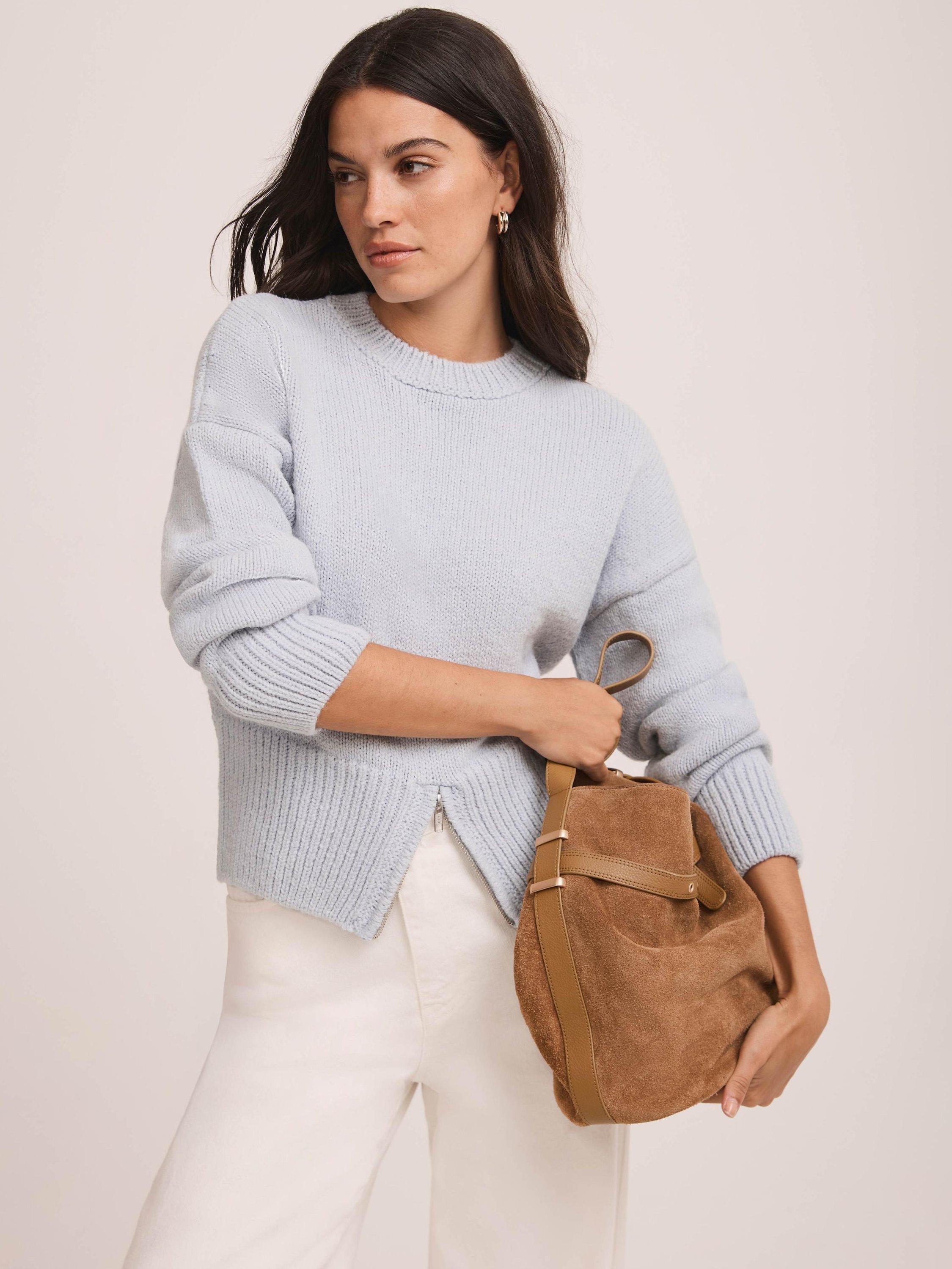 Product image 2 of 7, which shows Mint Velvet Knitted Wool Blend Zip Hem Jumper, Blue, XL