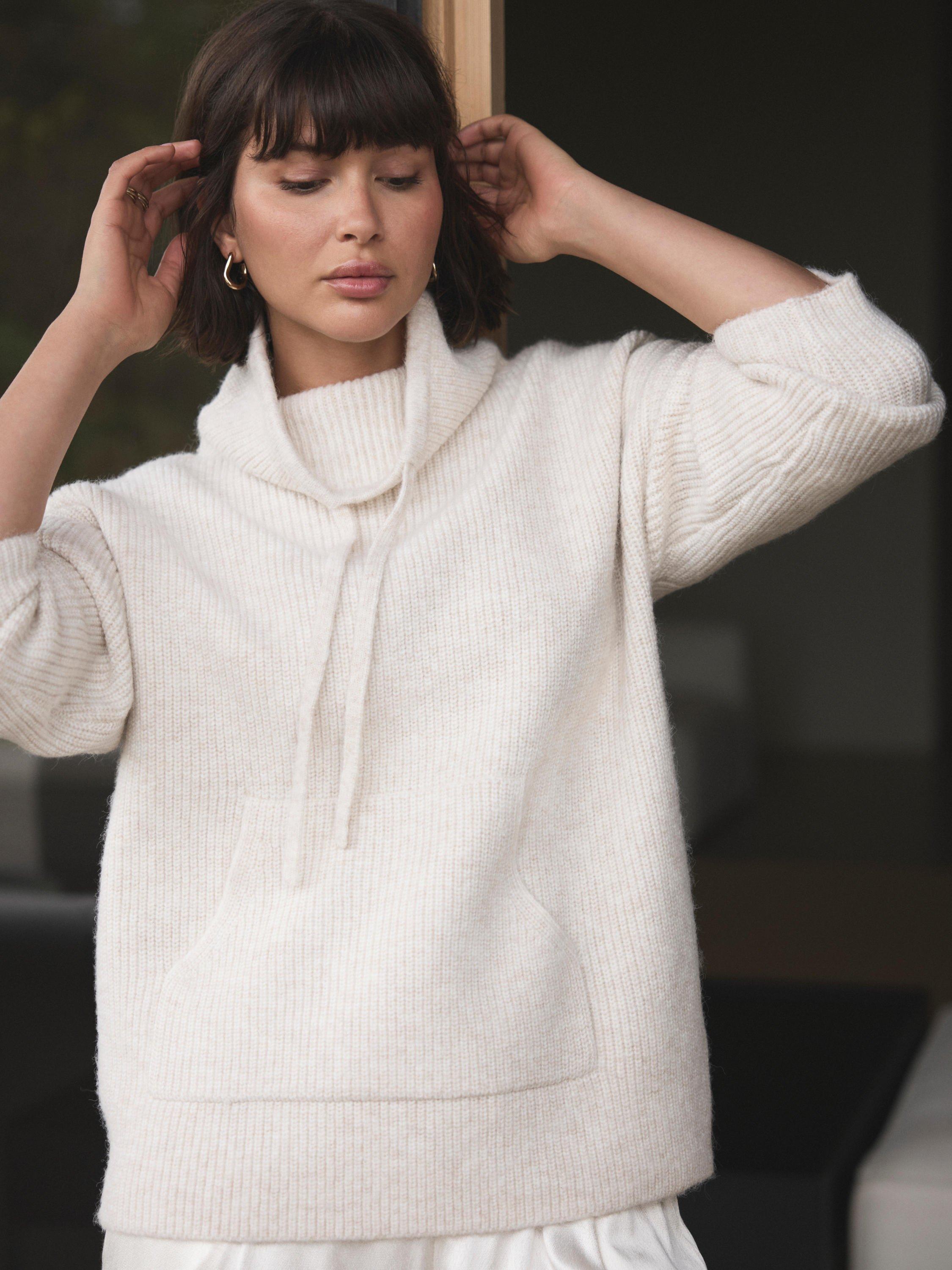 Product image 3 of 8, which shows Mint Velvet Funnel Neck Knit Hoodie, Natural Cream, XS