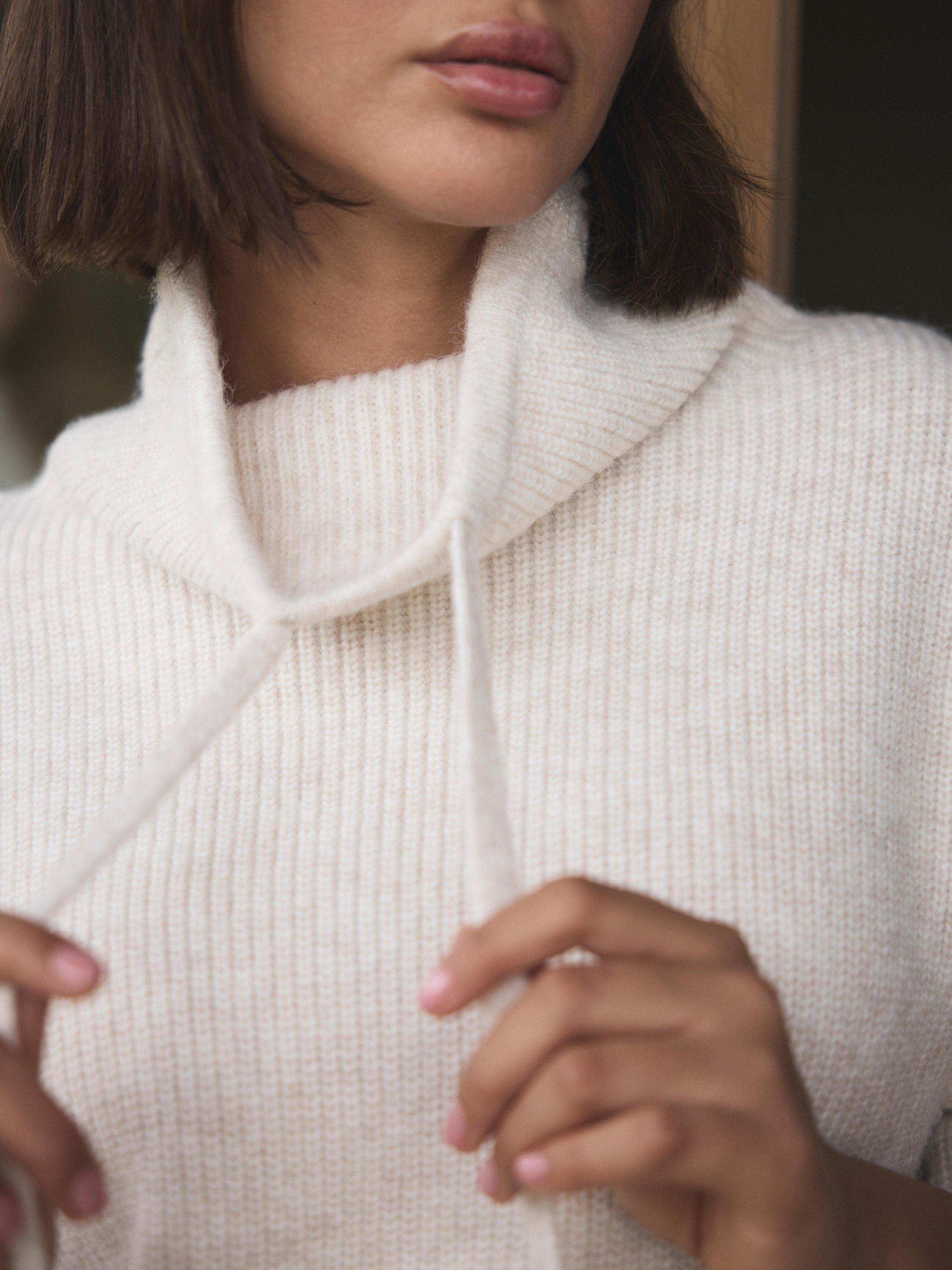 Product image 4 of 8, which shows Mint Velvet Funnel Neck Knit Hoodie, Natural Cream, XS