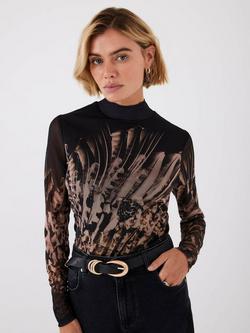 Mint Velvet Feather Print Mesh Top, Gold, Gold