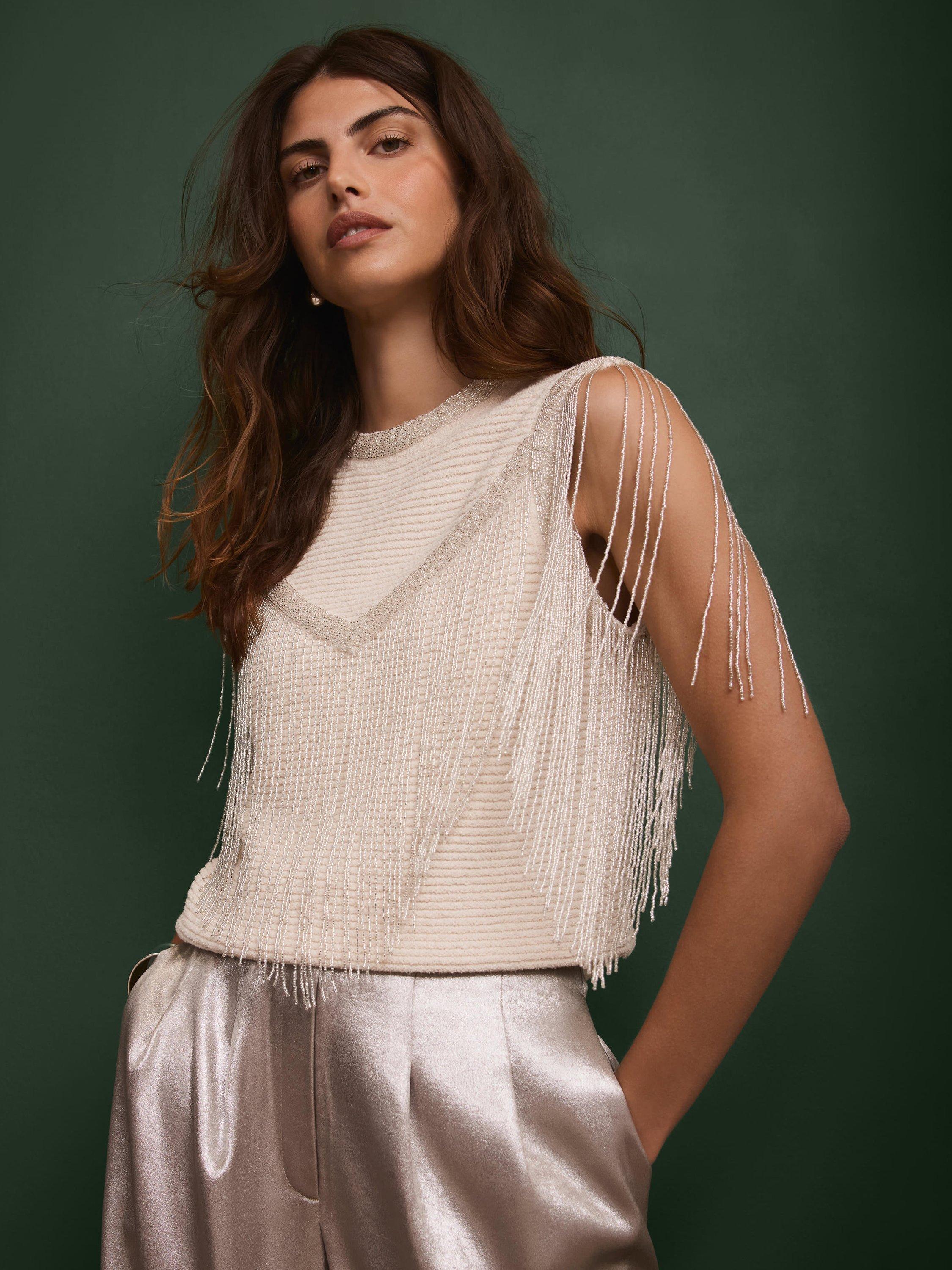 Product image 1 of 8, which shows Mint Velvet Beaded Fringe Detail Top, White Ivory, L