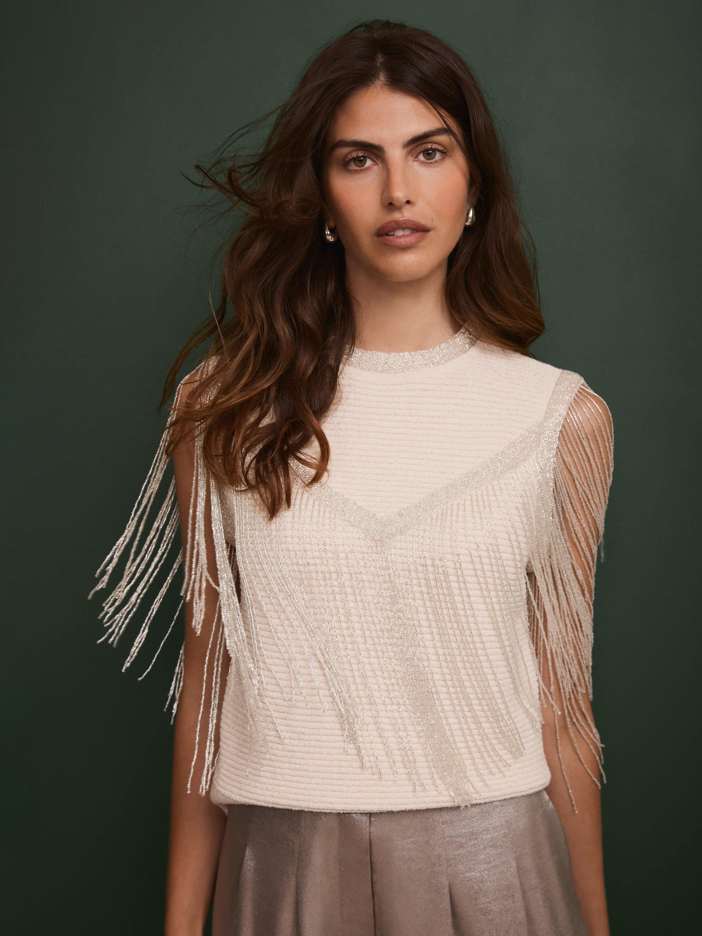 Product image 2 of 8, which shows Mint Velvet Beaded Fringe Detail Top, White Ivory, L