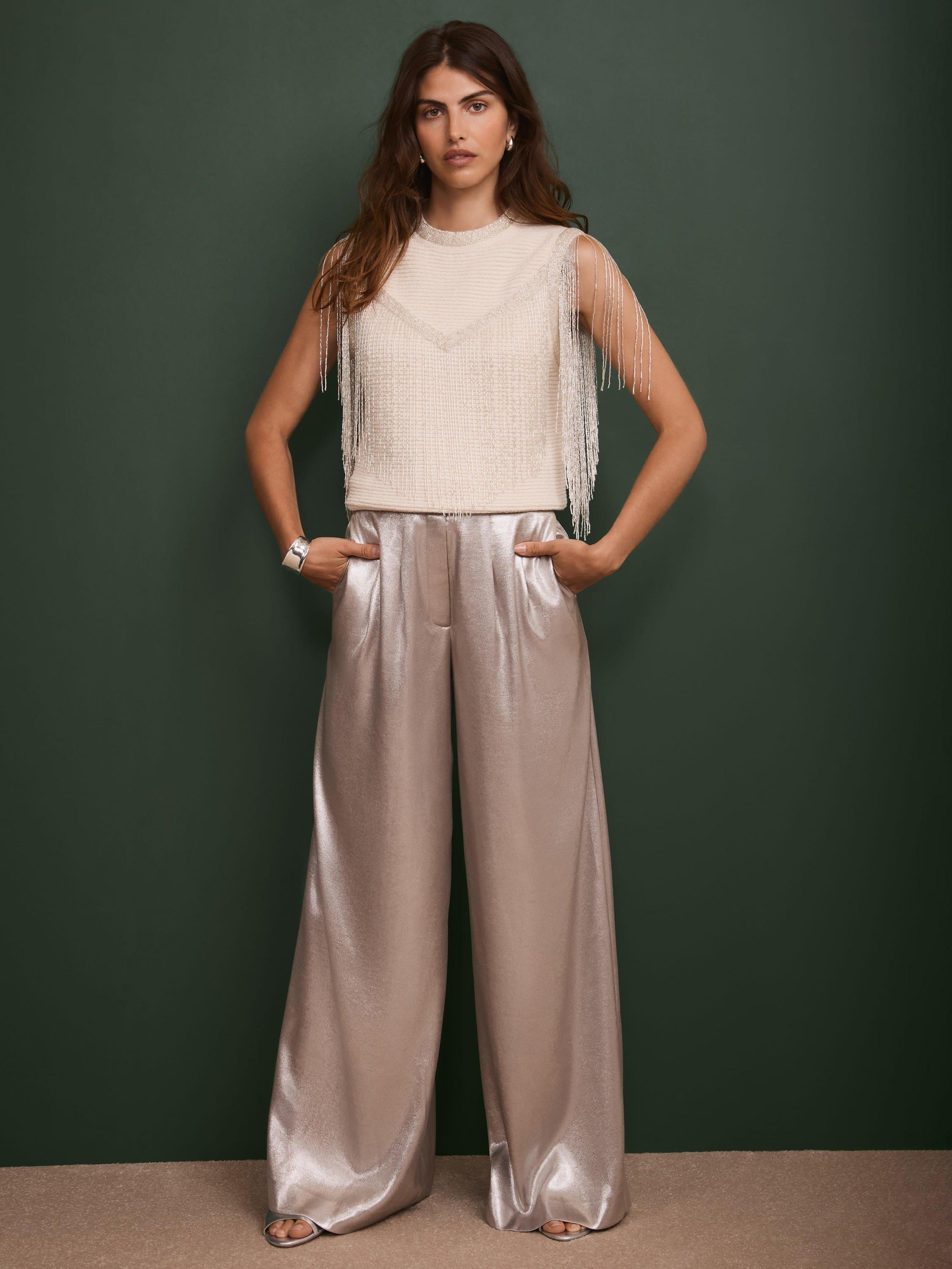 Product image 3 of 8, which shows Mint Velvet Beaded Fringe Detail Top, White Ivory, L