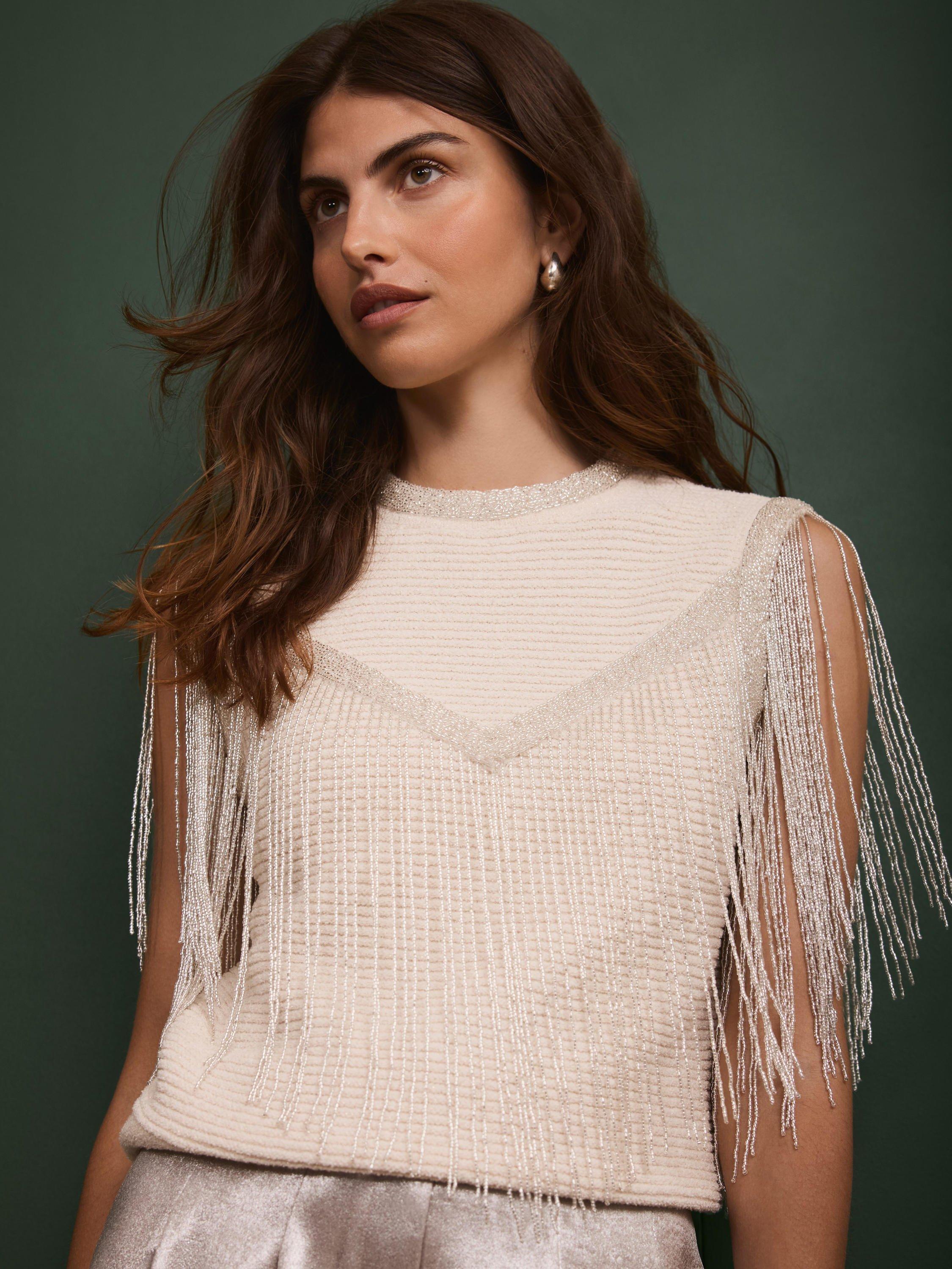 Product image 4 of 8, which shows Mint Velvet Beaded Fringe Detail Top, White Ivory, L