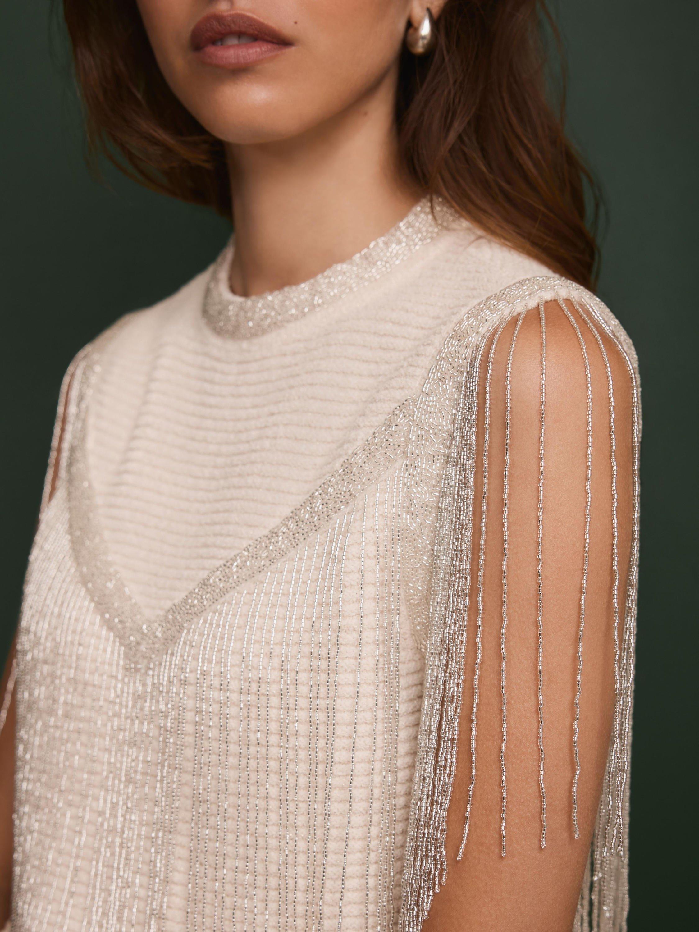 Product image 6 of 8, which shows Mint Velvet Beaded Fringe Detail Top, White Ivory, L