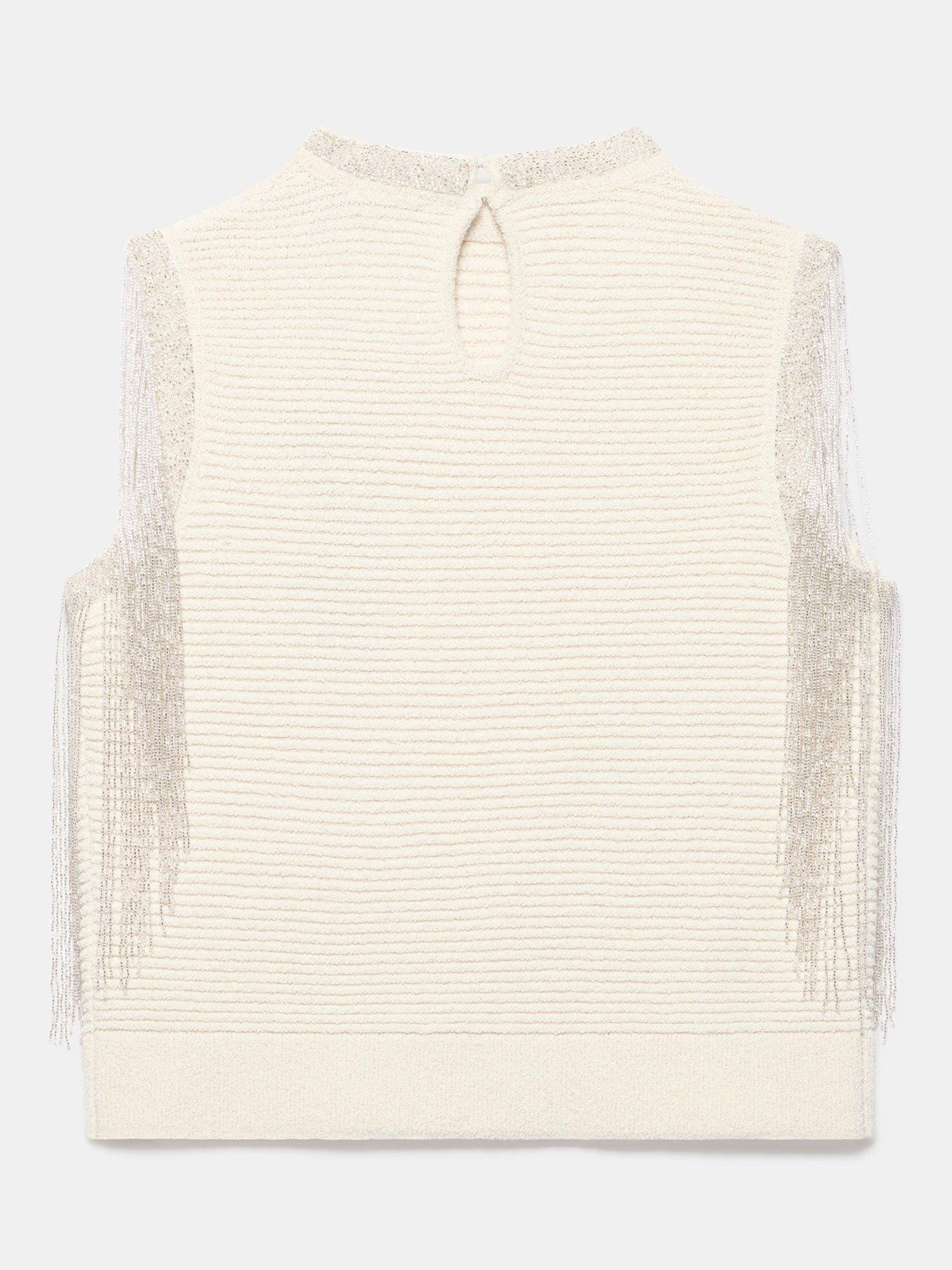 Product image 8 of 8, which shows Mint Velvet Beaded Fringe Detail Top, White Ivory, L